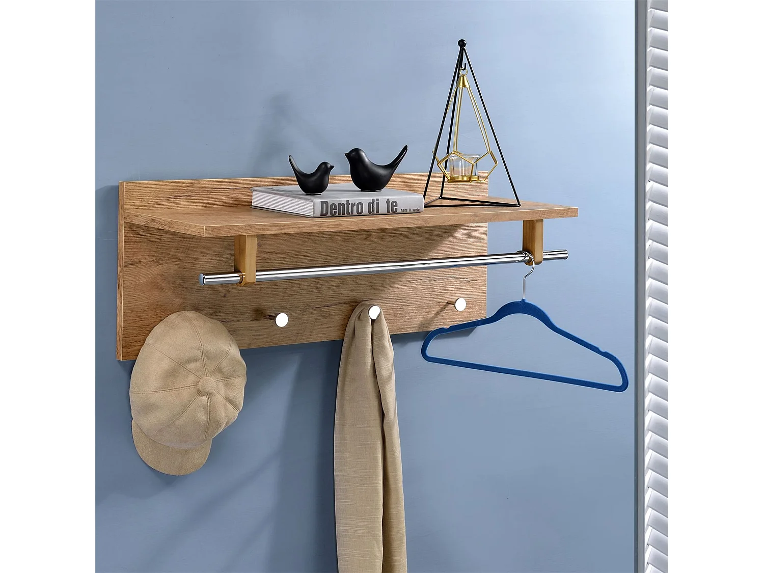 Porte-manteaux mural ULF penderie murale avec 1 étagère de rangement 1 tringle 4 patères crochets métal chromé, décor chêne sauvage