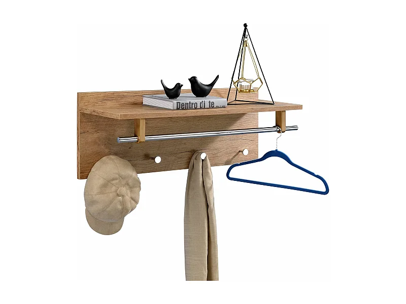 Porte-manteaux mural ULF penderie murale avec 1 étagère de rangement 1 tringle 4 patères crochets métal chromé, décor chêne sauvage