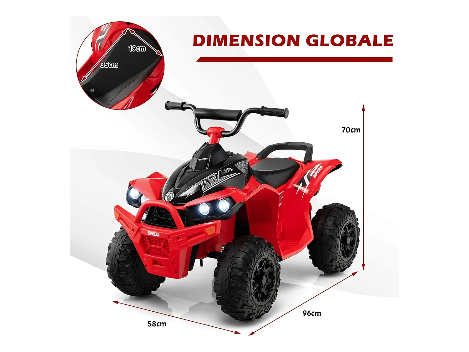 12V Quad Électrique Enfant avec Phares & Musique & Klaxon, Voiture Électrique avec Guidon Antidérapant, 2,2/4,3 KM/H, Charge 35kg pour 3-8 Ans (Rouge)