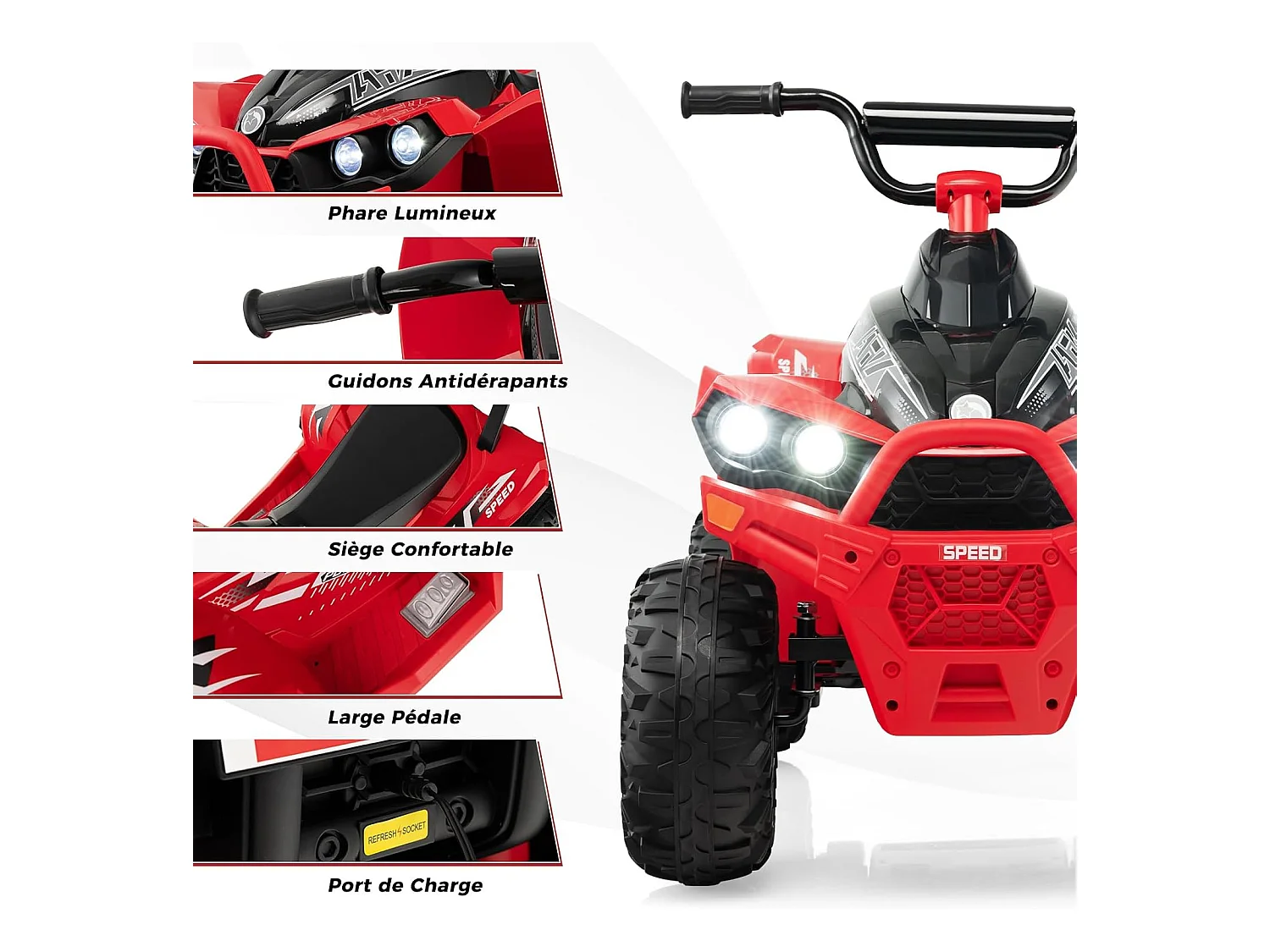 12V Quad Électrique Enfant avec Phares & Musique & Klaxon, Voiture Électrique avec Guidon Antidérapant, 2,2/4,3 KM/H, Charge 35kg pour 3-8 Ans (Rouge)