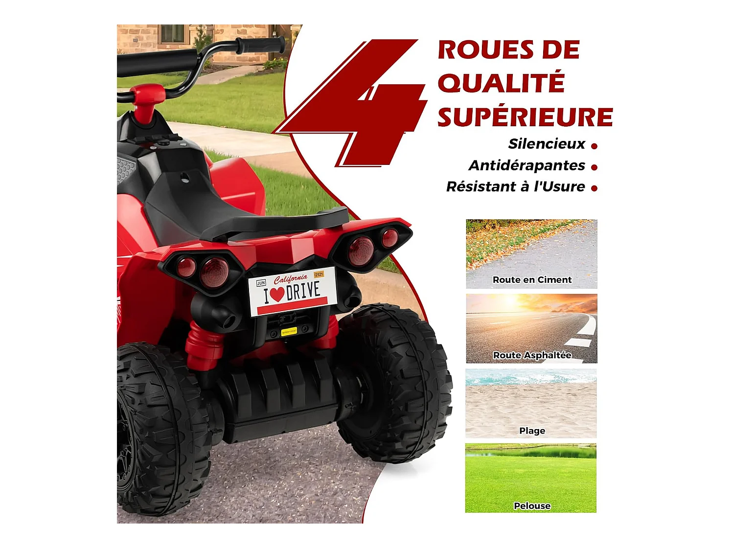 12V Quad Électrique Enfant avec Phares & Musique & Klaxon, Voiture Électrique avec Guidon Antidérapant, 2,2/4,3 KM/H, Charge 35kg pour 3-8 Ans (Rouge)
