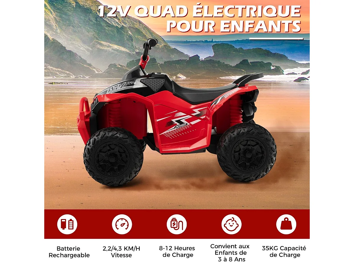 12V Quad Électrique Enfant avec Phares & Musique & Klaxon, Voiture Électrique avec Guidon Antidérapant, 2,2/4,3 KM/H, Charge 35kg pour 3-8 Ans (Rouge)