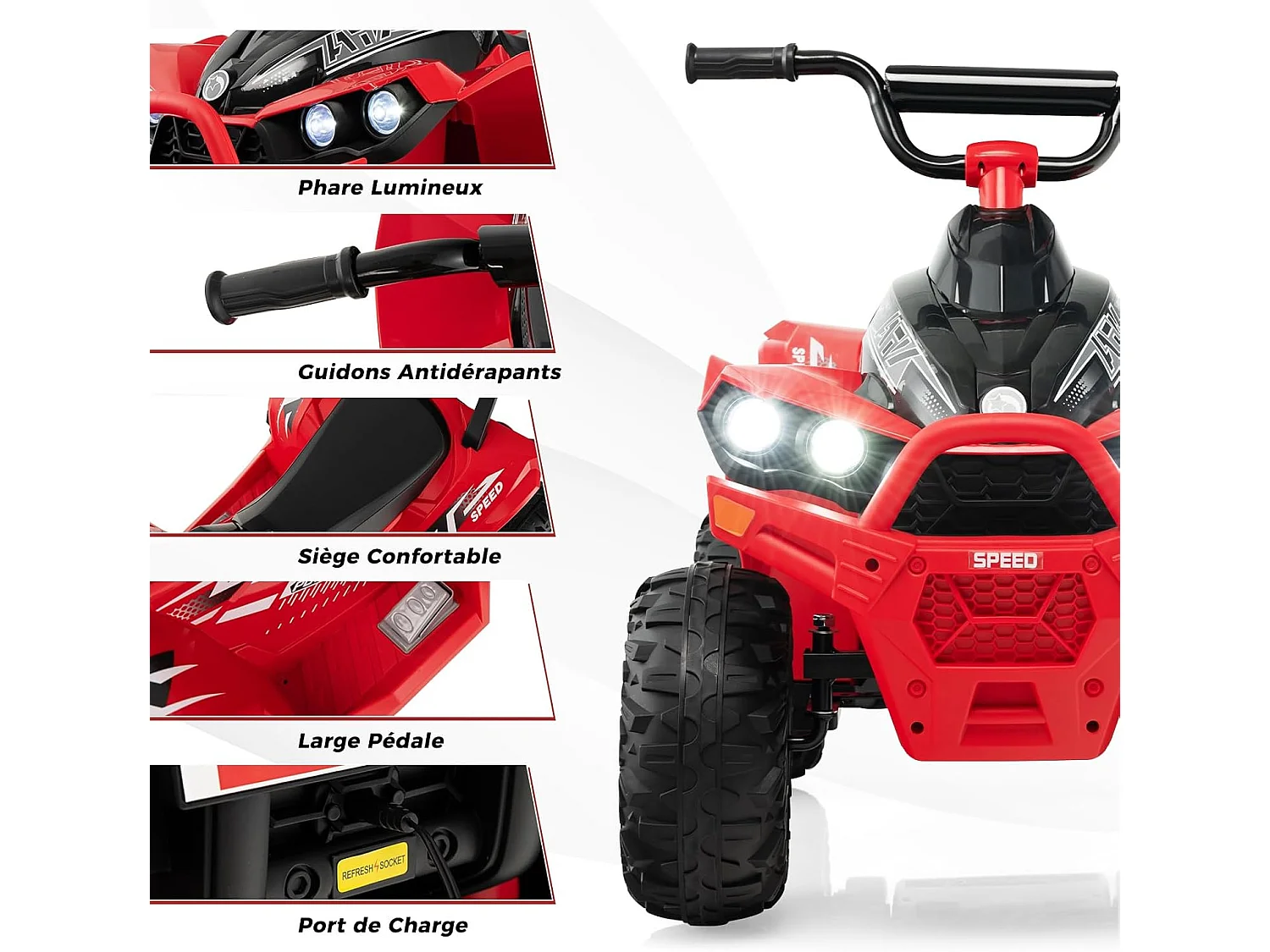 12V Quad Électrique Enfant avec Phares & Musique & Klaxon, Voiture Électrique avec Guidon Antidérapant, 2,2/4,3 KM/H, Charge 35kg pour 3-8 Ans (Rouge)