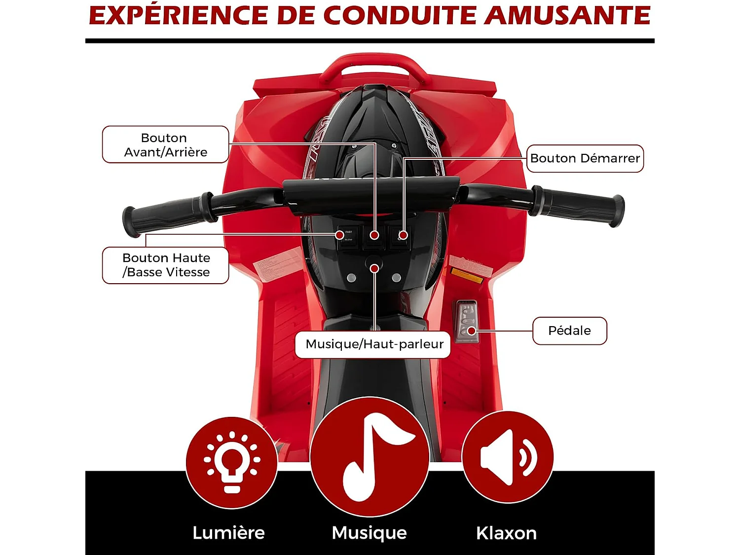 12V Quad Électrique Enfant avec Phares & Musique & Klaxon, Voiture Électrique avec Guidon Antidérapant, 2,2/4,3 KM/H, Charge 35kg pour 3-8 Ans (Rouge)