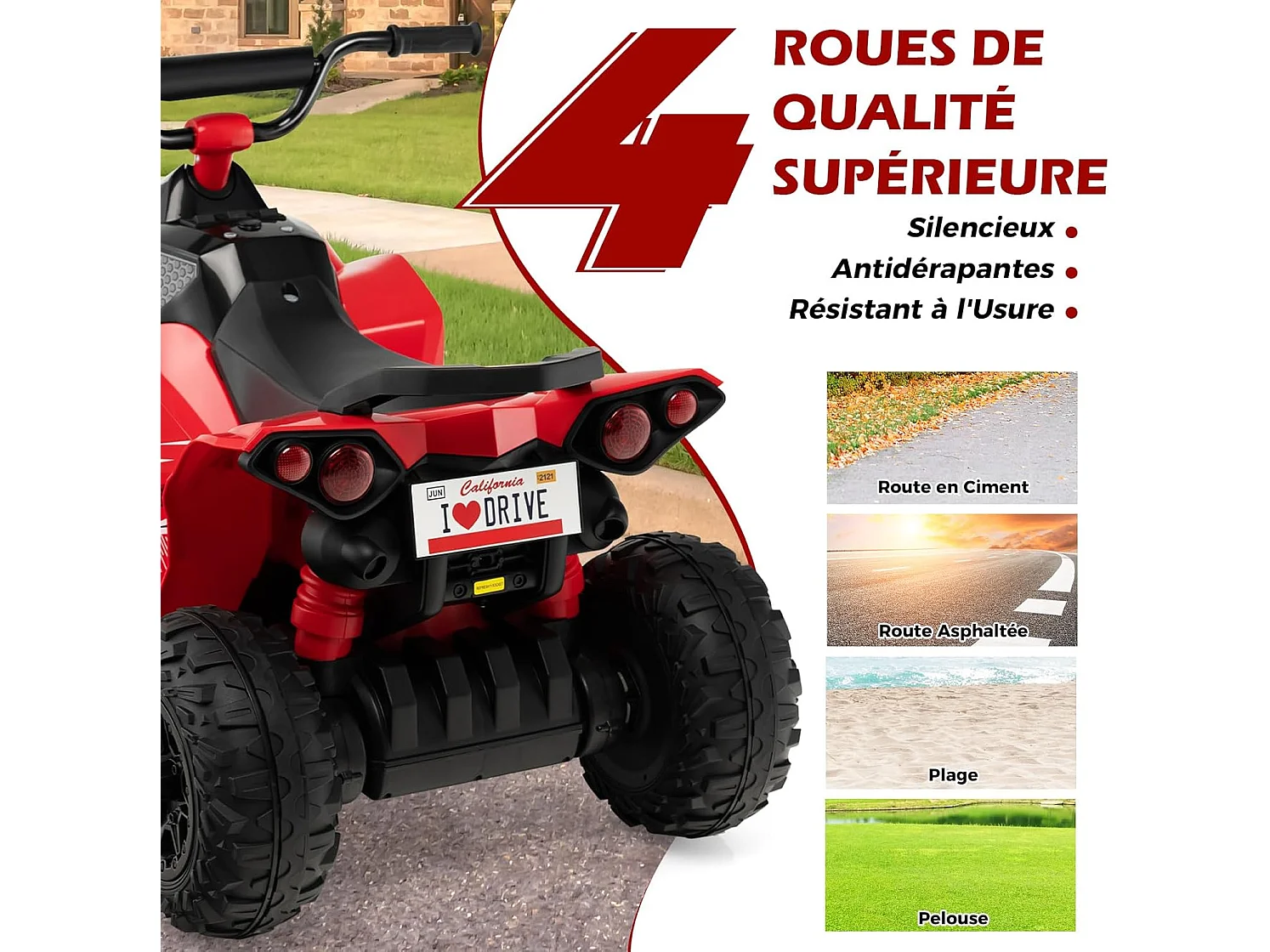12V Quad Électrique Enfant avec Phares & Musique & Klaxon, Voiture Électrique avec Guidon Antidérapant, 2,2/4,3 KM/H, Charge 35kg pour 3-8 Ans (Rouge)