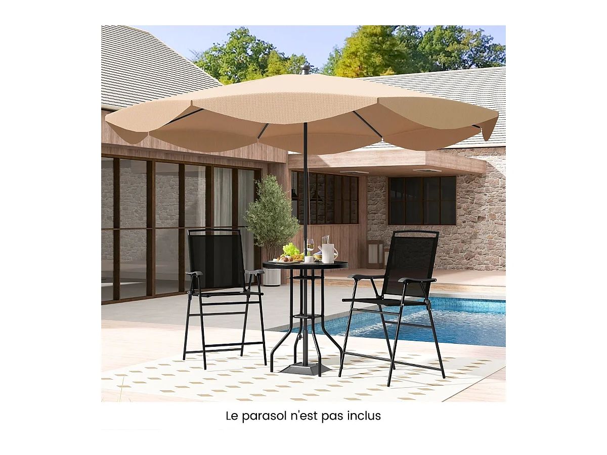 Ensemble Bistrot pour Patio 3 Pièces, Table et 2 Chaises Pliantes de Bar de Jardin avec Plateau de Table DPC Trou pour Parasol, Ensemble Salon de Jardin 2 Places