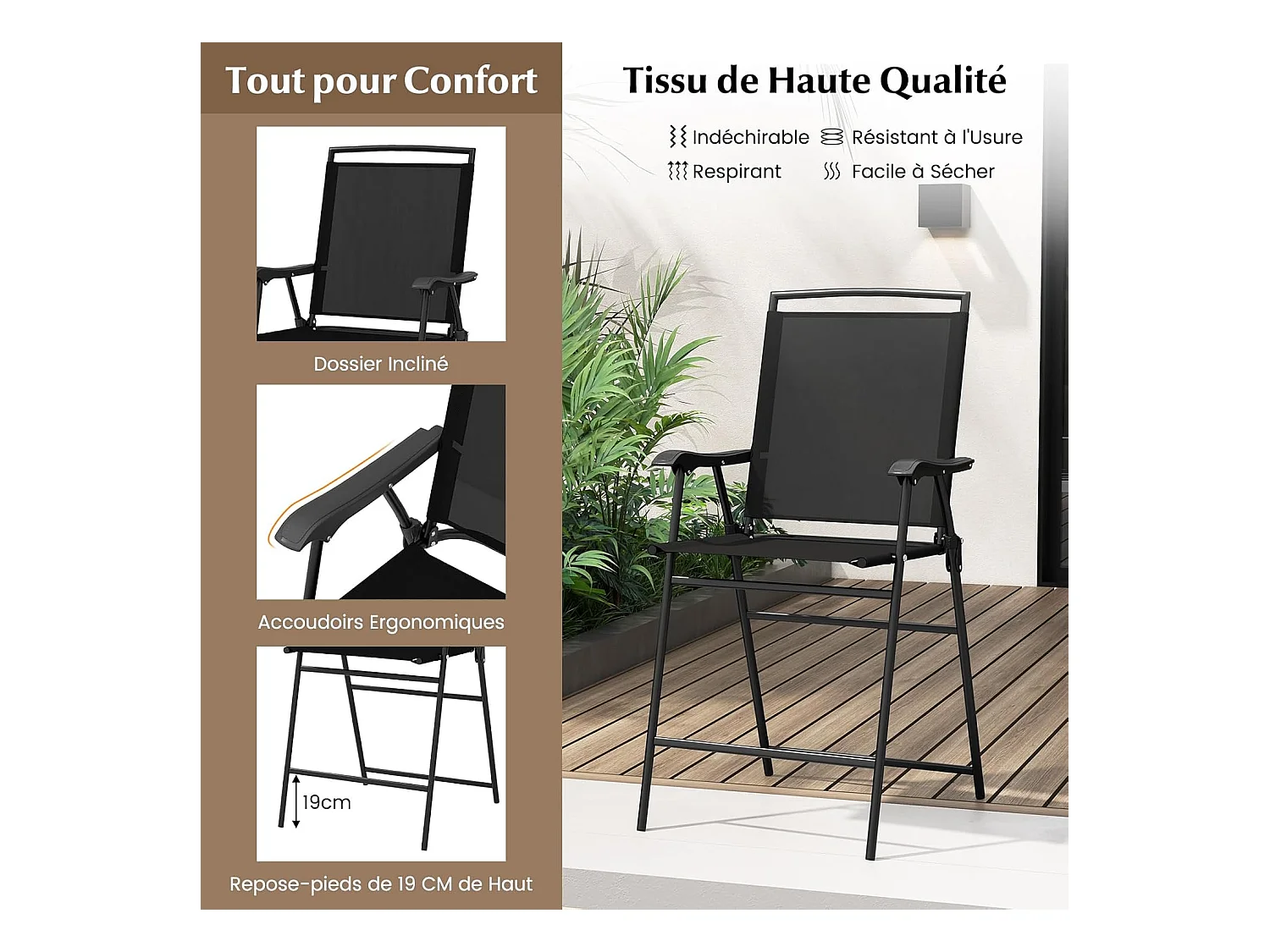 Ensemble Bistrot pour Patio 3 Pièces, Table et 2 Chaises Pliantes de Bar de Jardin avec Plateau de Table DPC Trou pour Parasol, Ensemble Salon de Jardin 2 Places