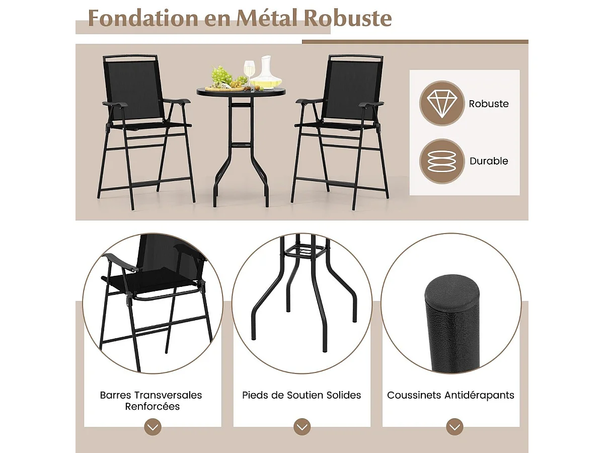 Ensemble Bistrot pour Patio 3 Pièces, Table et 2 Chaises Pliantes de Bar de Jardin avec Plateau de Table DPC Trou pour Parasol, Ensemble Salon de Jardin 2 Places