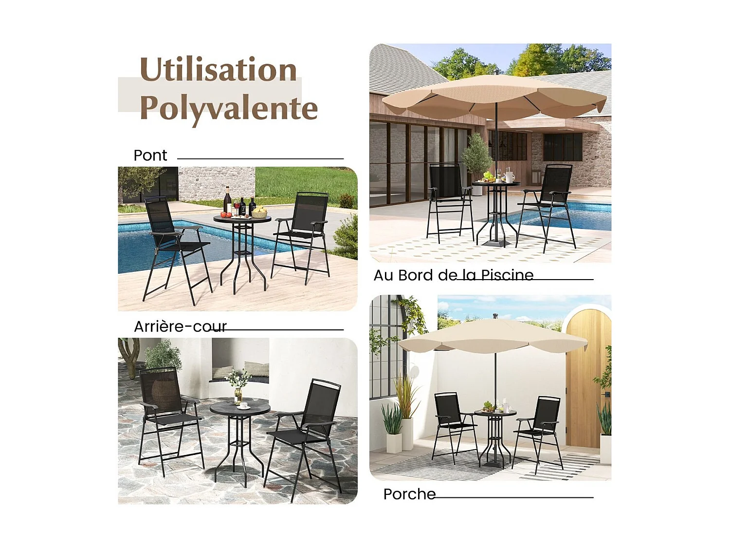 Ensemble Bistrot pour Patio 3 Pièces, Table et 2 Chaises Pliantes de Bar de Jardin avec Plateau de Table DPC Trou pour Parasol, Ensemble Salon de Jardin 2 Places