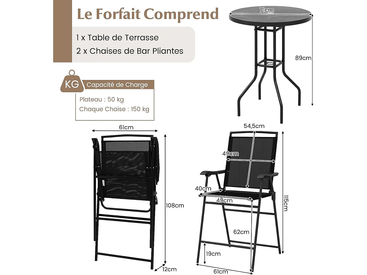Ensemble Bistrot pour Patio 3 Pièces, Table et 2 Chaises Pliantes de Bar de Jardin avec Plateau de Table DPC Trou pour Parasol, Ensemble Salon de Jardin 2 Places