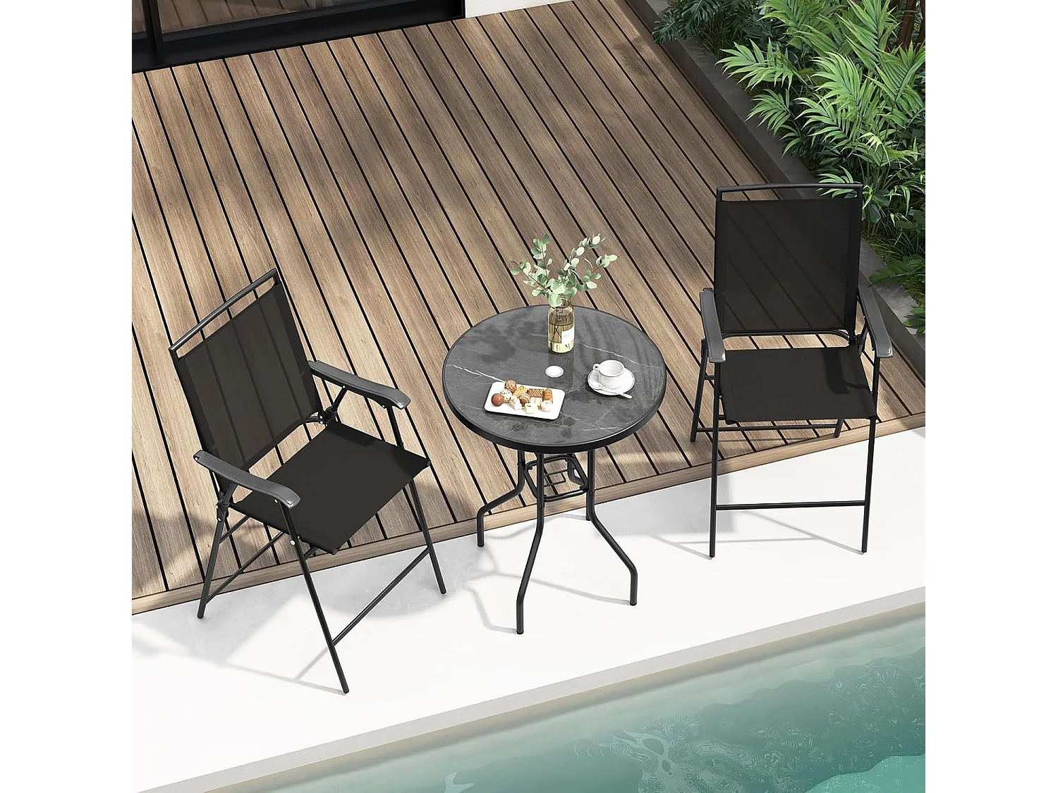 3-delige patiobistroset, tuinbartafel en 2 klapstoelen met DPC-tafelblad, parasolgat, 2-zits tuinmeubelset