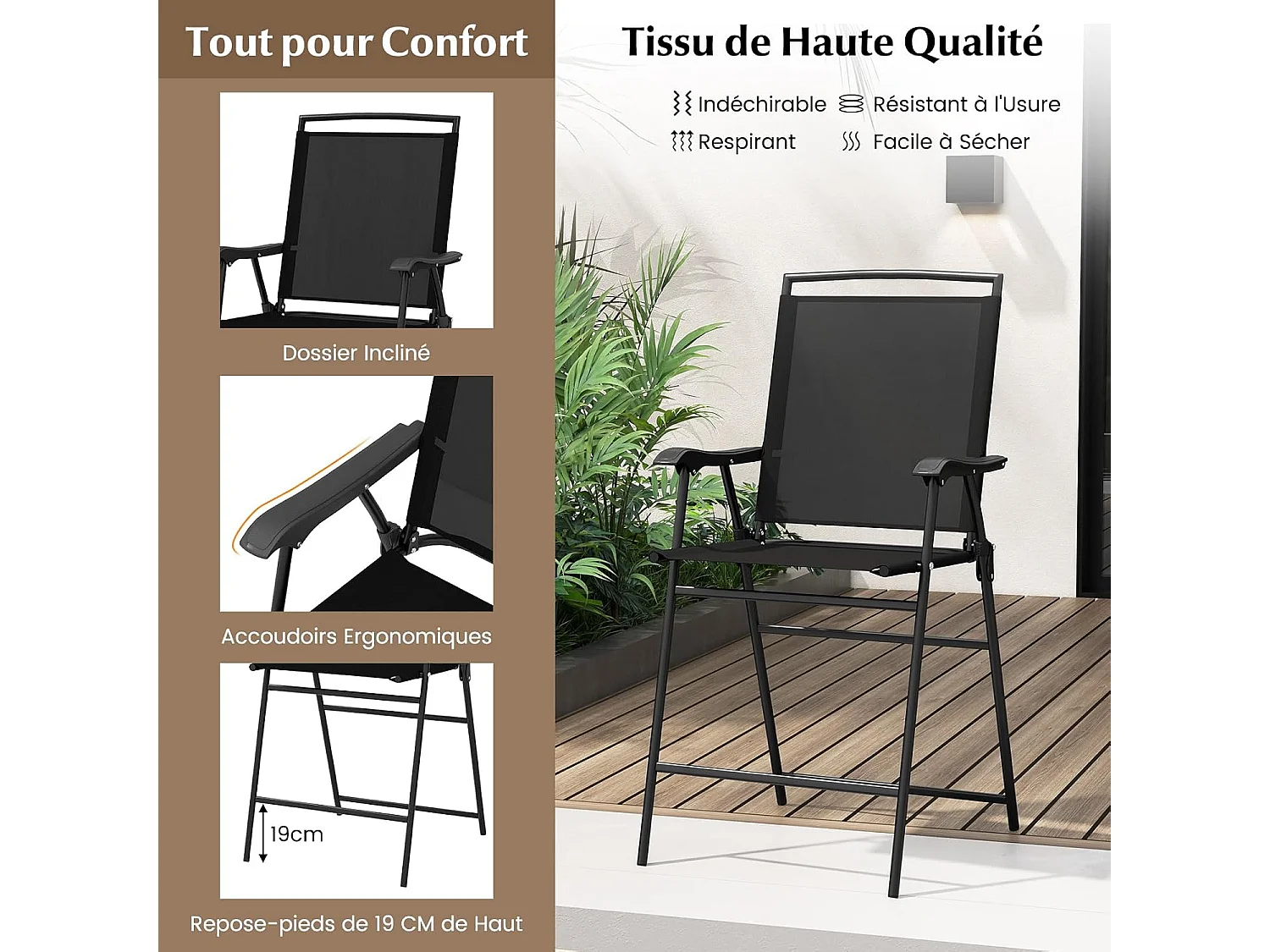 3-delige patiobistroset, tuinbartafel en 2 klapstoelen met DPC-tafelblad, parasolgat, 2-zits tuinmeubelset