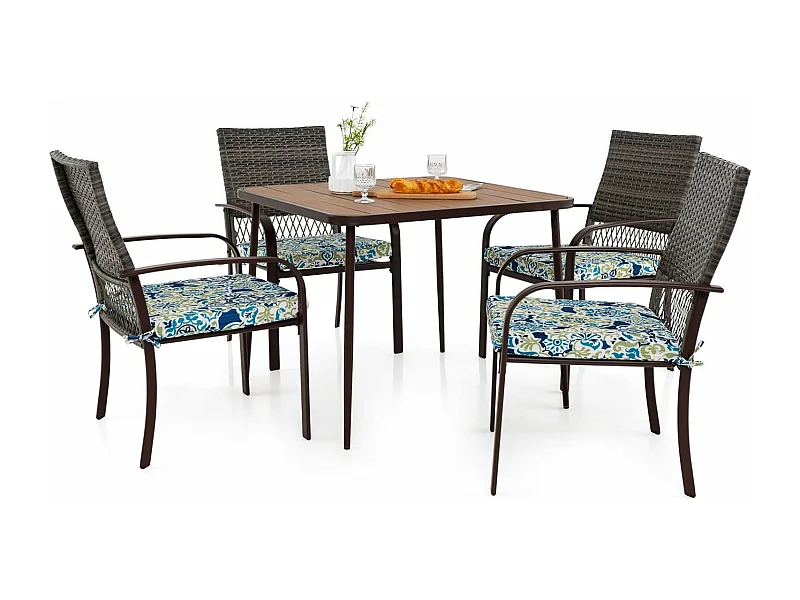 5-delige tuinmeubelset, 4 rotan fauteuils, tuinloungeset met kussens en vierkante tafel met parasolgat, 4-zits tuinset