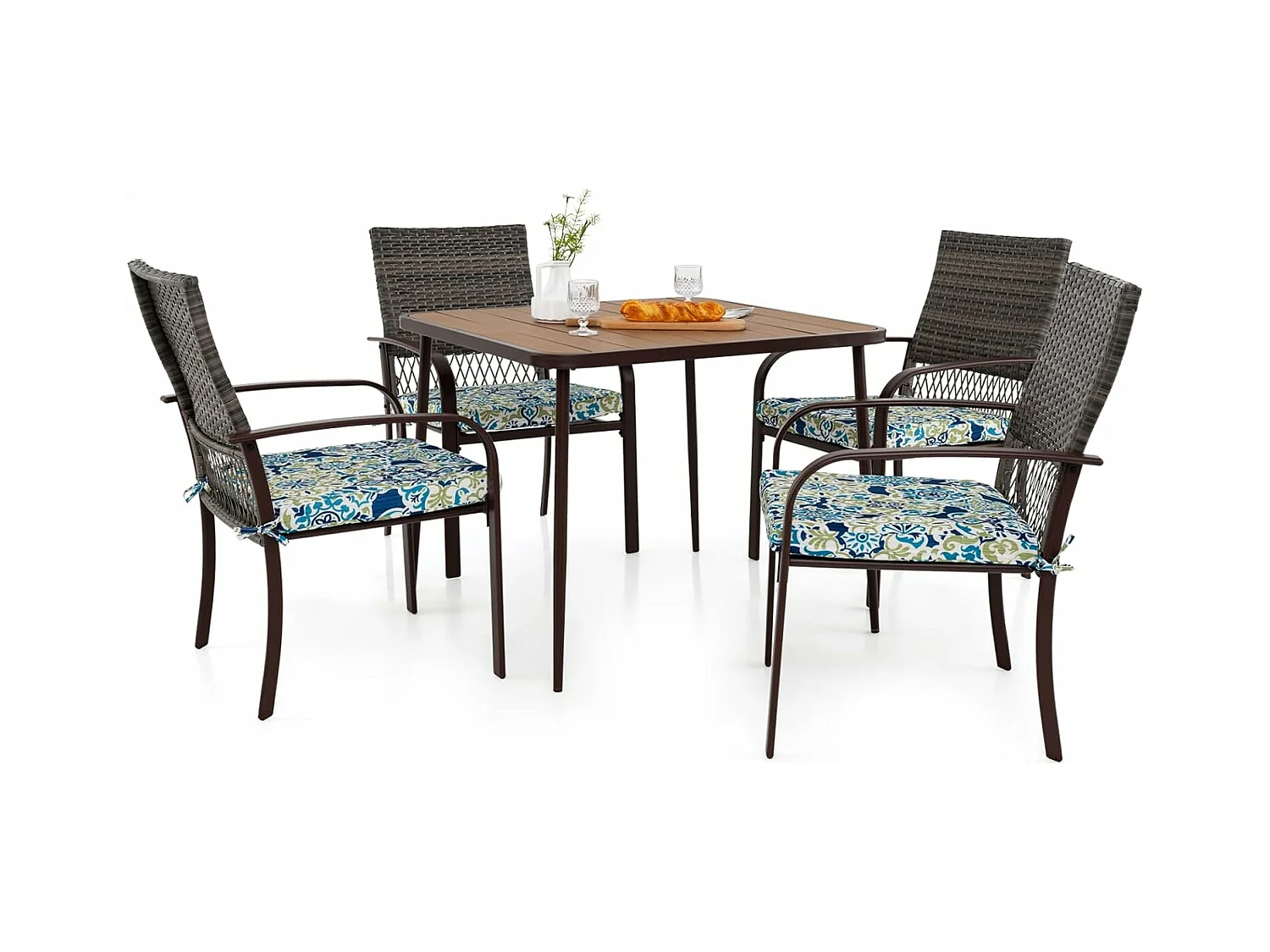 Ensemble de Meubles de Patio 5 Pièces, Salon de Jardin 4 Places, Fauteuils en Rotin avec Coussins, Table avec Trou pour Parasol, Ensemble de Repas d'Extérieur