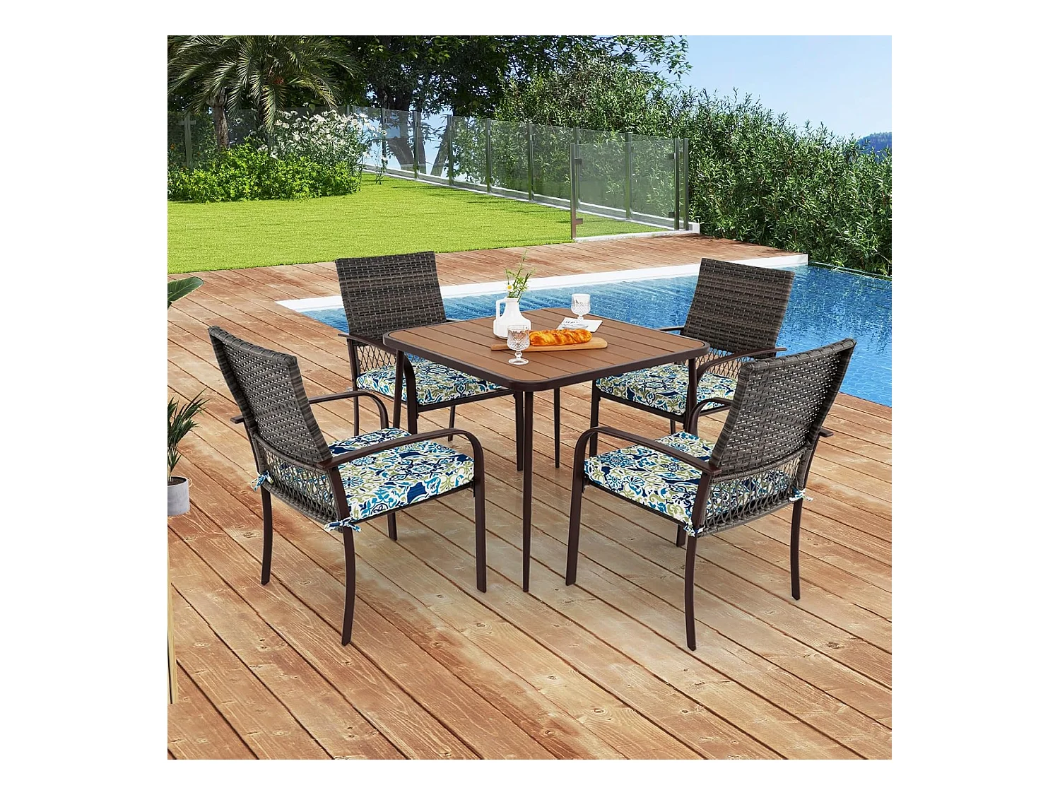 Ensemble de Meubles de Patio 5 Pièces, Salon de Jardin 4 Places, Fauteuils en Rotin avec Coussins, Table avec Trou pour Parasol, Ensemble de Repas d'Extérieur
