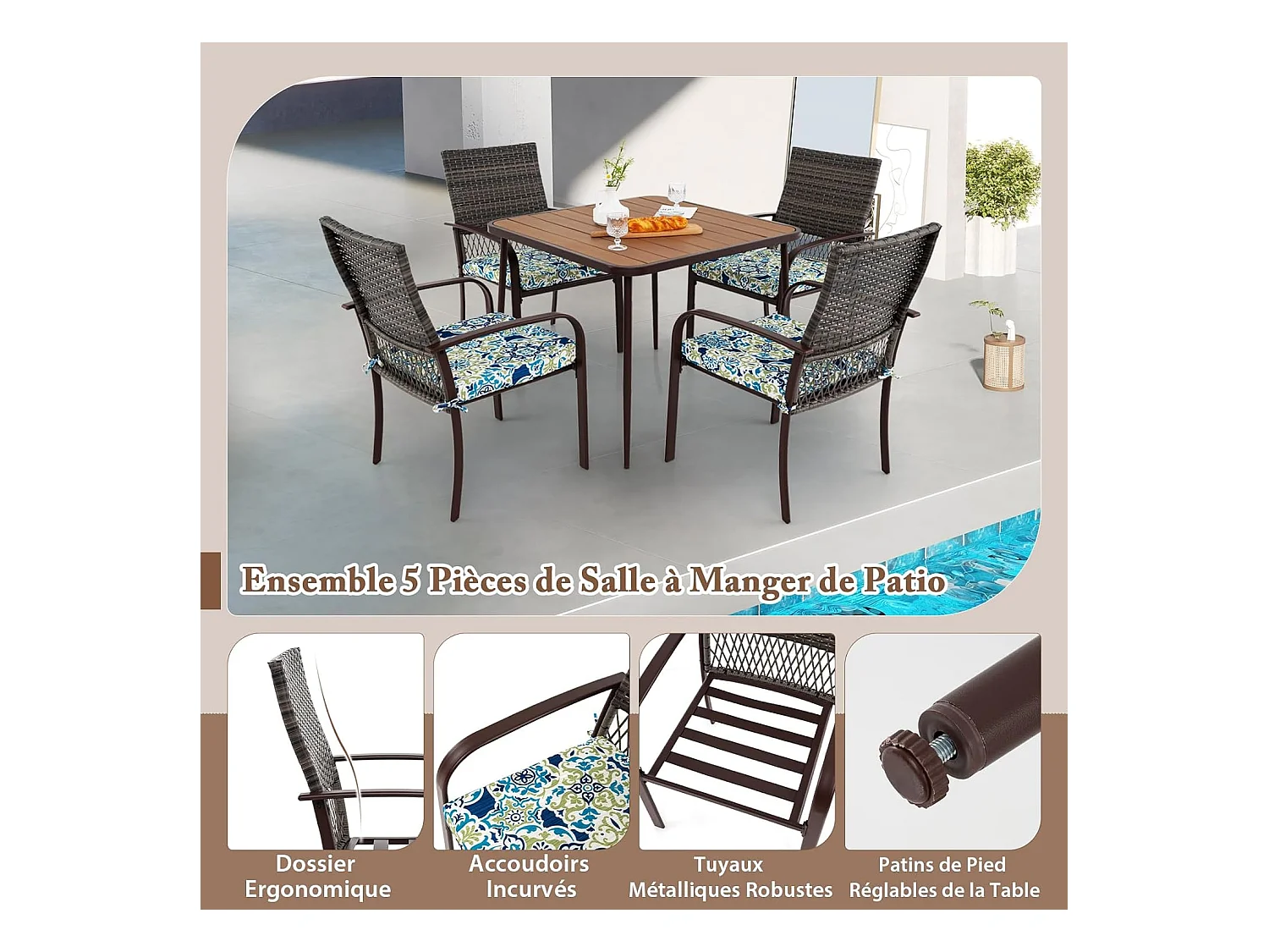 Ensemble de Meubles de Patio 5 Pièces, Salon de Jardin 4 Places, Fauteuils en Rotin avec Coussins, Table avec Trou pour Parasol, Ensemble de Repas d'Extérieur
