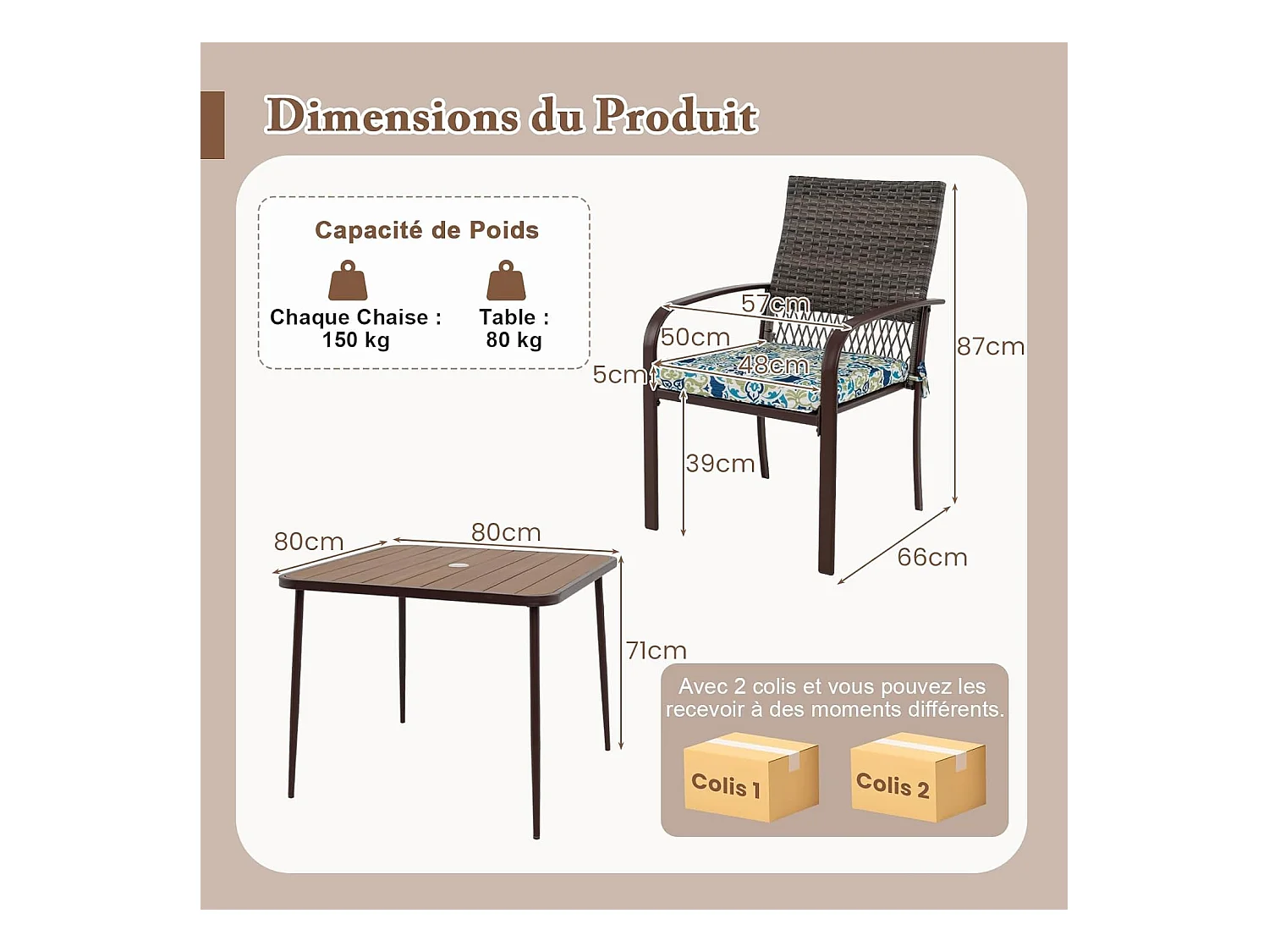 Ensemble de Meubles de Patio 5 Pièces, Salon de Jardin 4 Places, Fauteuils en Rotin avec Coussins, Table avec Trou pour Parasol, Ensemble de Repas d'Extérieur