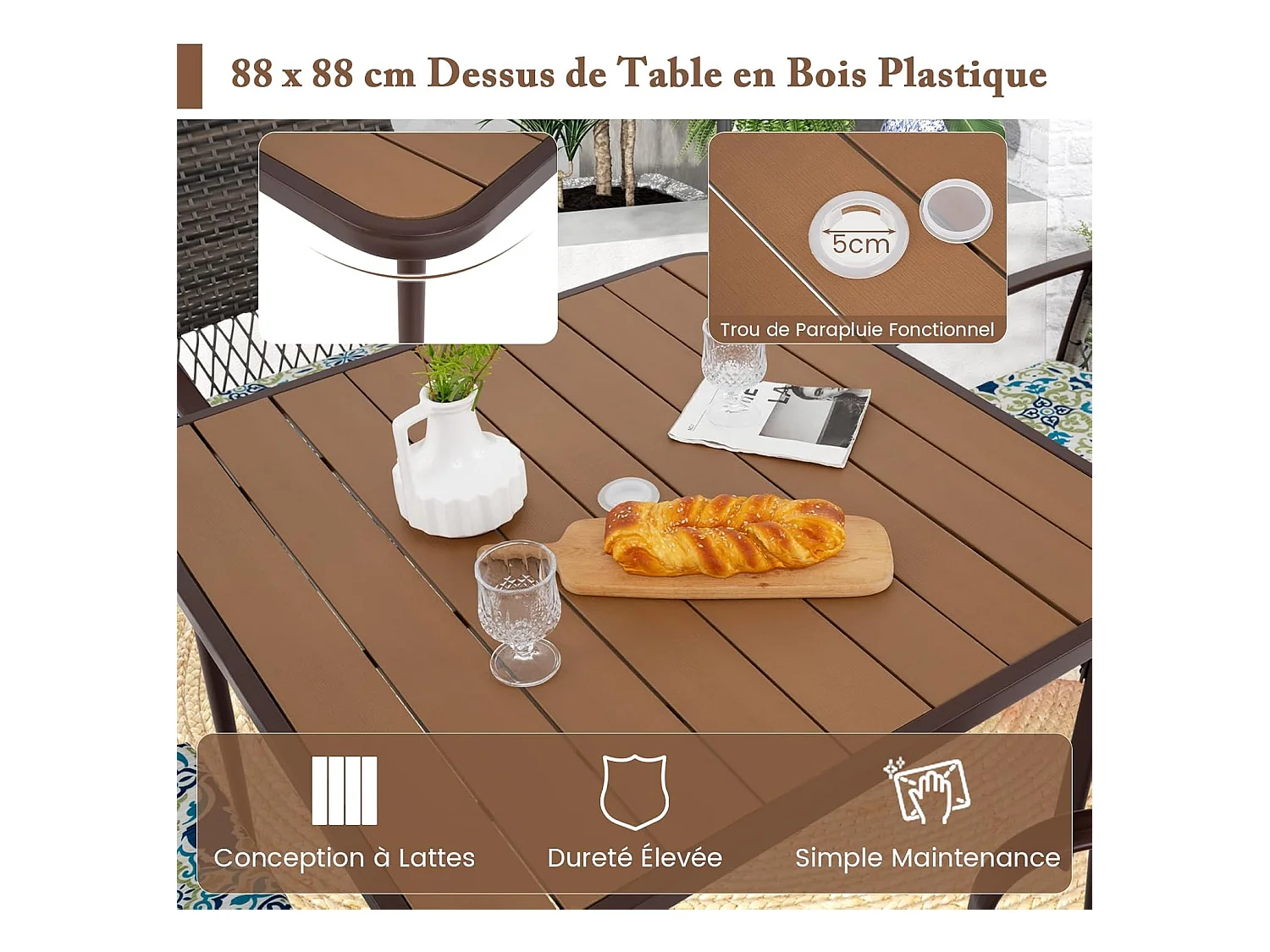 Ensemble de Meubles de Patio 5 Pièces, Salon de Jardin 4 Places, Fauteuils en Rotin avec Coussins, Table avec Trou pour Parasol, Ensemble de Repas d'Extérieur