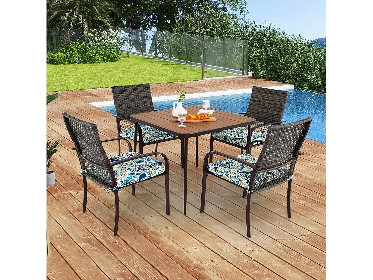 Ensemble de Meubles de Patio 5 Pièces, Salon de Jardin 4 Places, Fauteuils en Rotin avec Coussins, Table avec Trou pour Parasol, Ensemble de Repas d'Extérieur