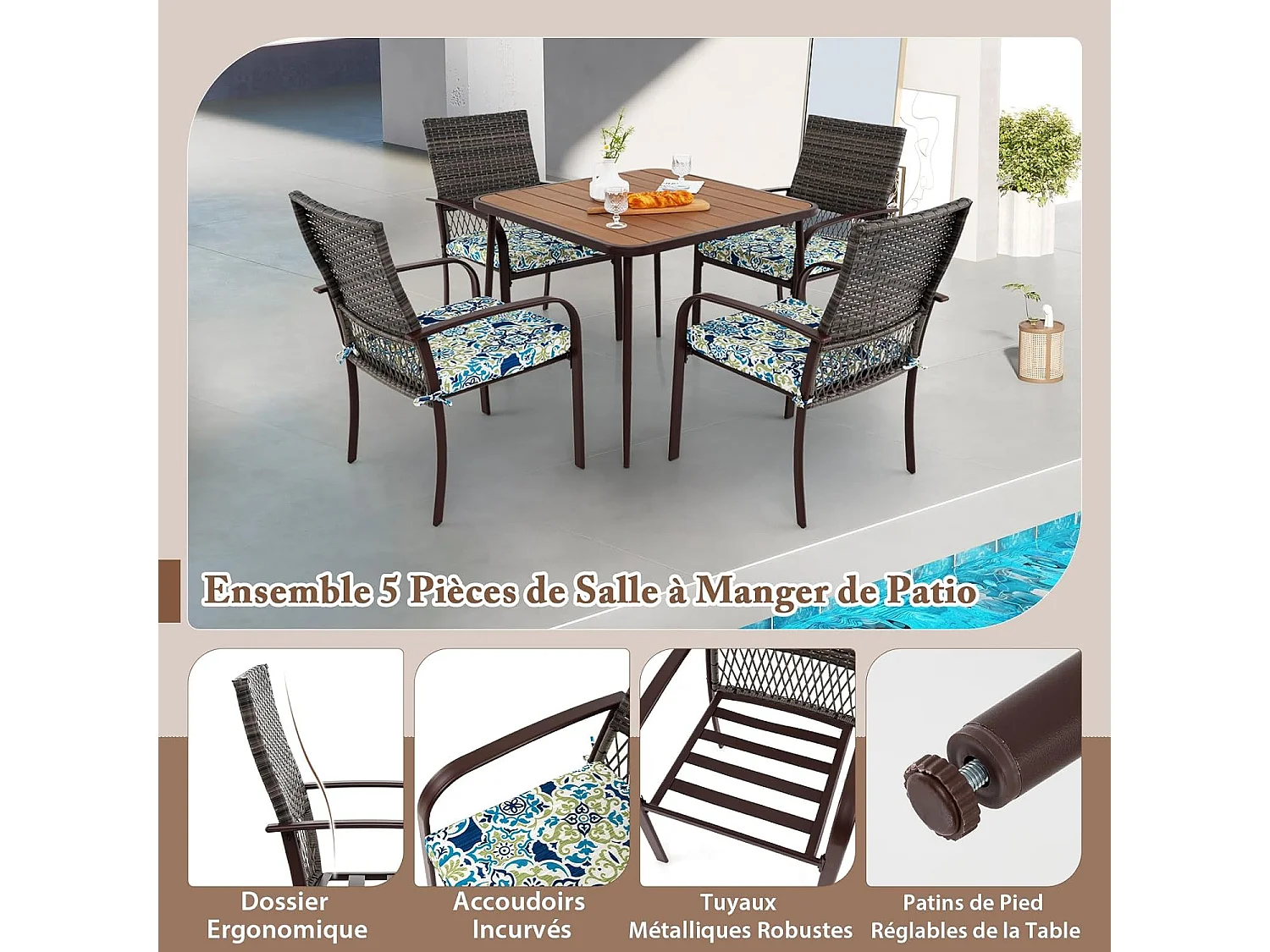 Ensemble de Meubles de Patio 5 Pièces, Salon de Jardin 4 Places, Fauteuils en Rotin avec Coussins, Table avec Trou pour Parasol, Ensemble de Repas d'Extérieur