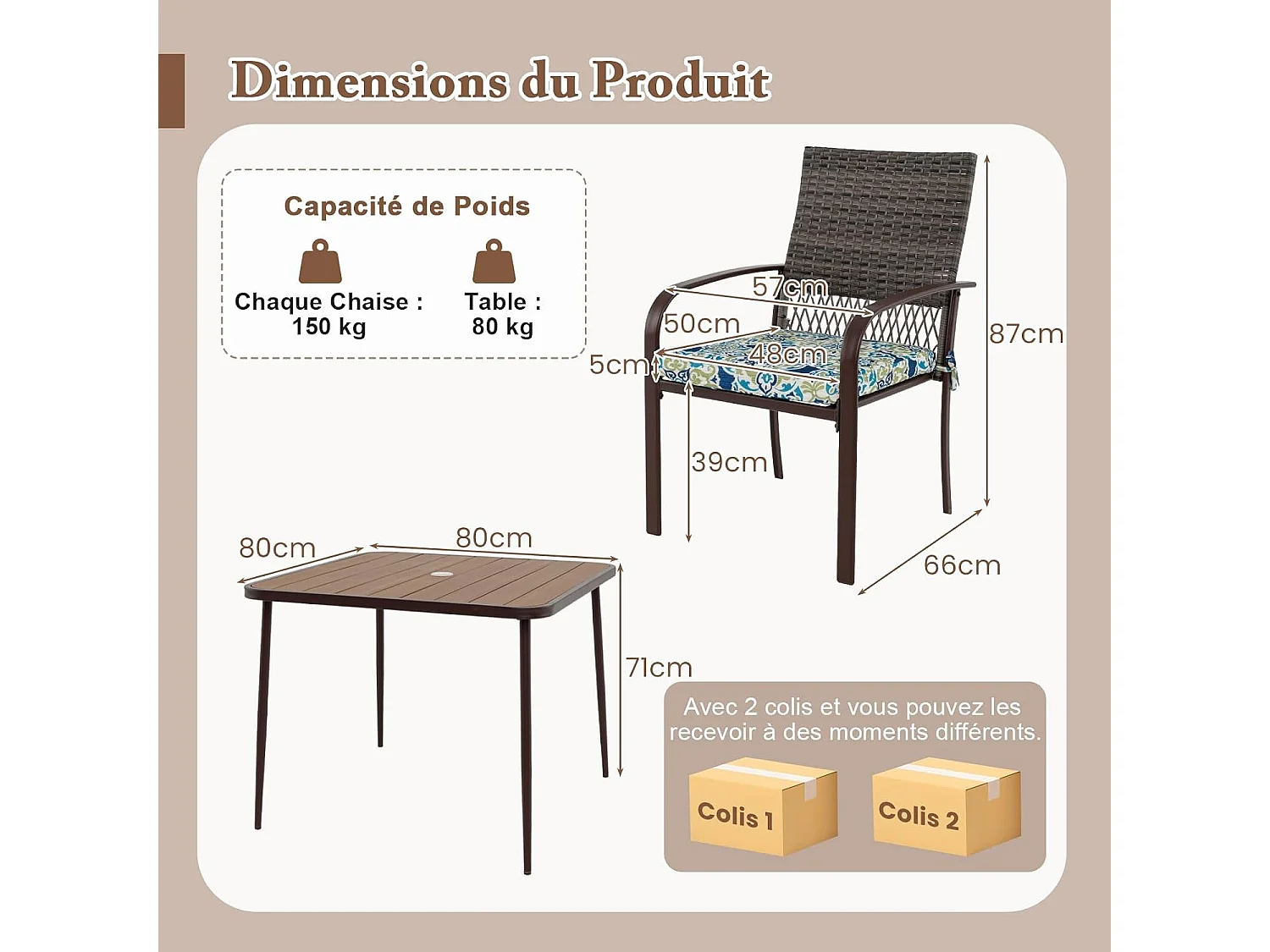 Ensemble de Meubles de Patio 5 Pièces, Salon de Jardin 4 Places, Fauteuils en Rotin avec Coussins, Table avec Trou pour Parasol, Ensemble de Repas d'Extérieur