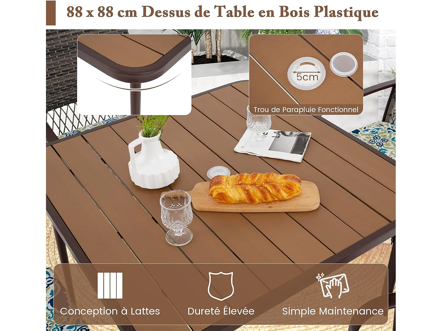 Ensemble de Meubles de Patio 5 Pièces, Salon de Jardin 4 Places, Fauteuils en Rotin avec Coussins, Table avec Trou pour Parasol, Ensemble de Repas d'Extérieur