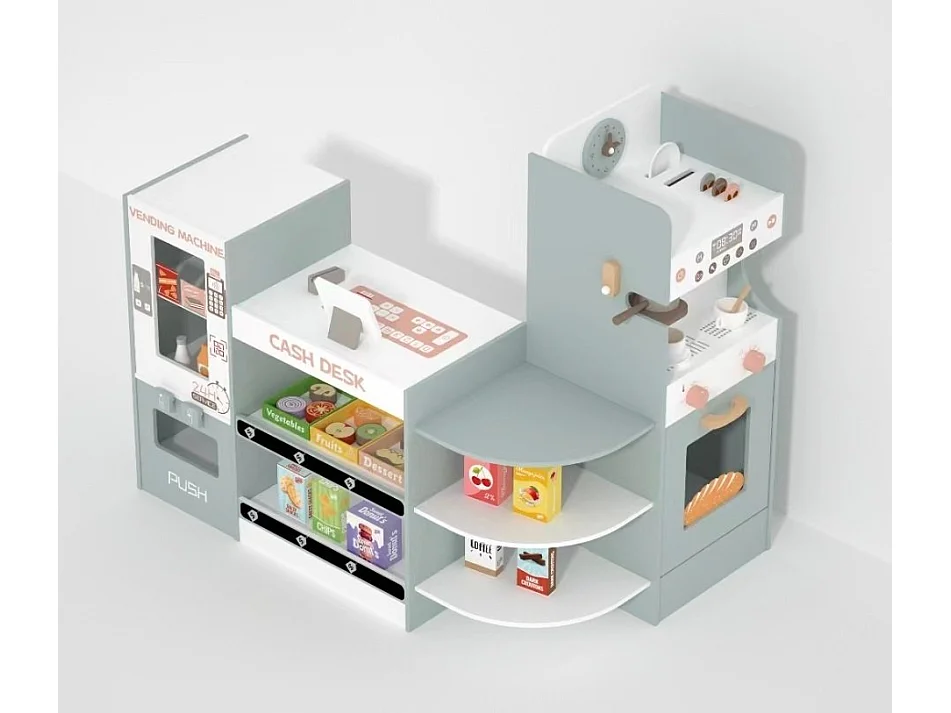 Marchande Enfants avec Distributeur & Comptoir de Caisse, Supermarché Enfant en Bois avec Cafetière & Four, Étagères de Présentation, Épicerie pour3 Ans+