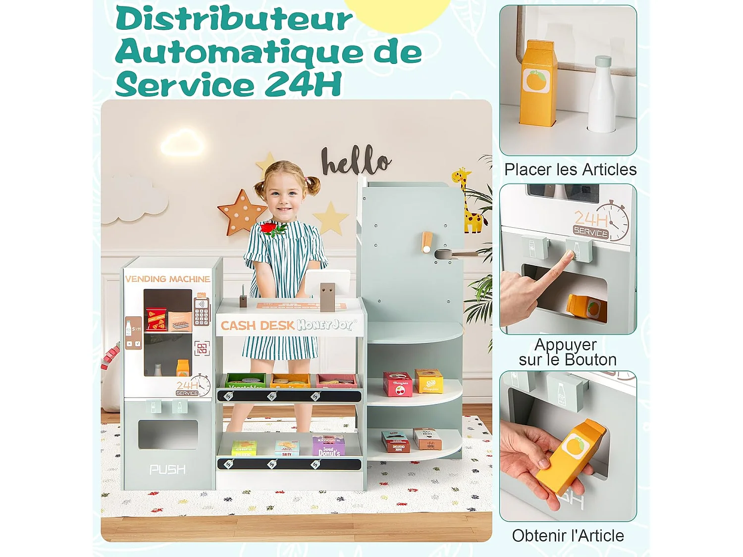 Marchande Enfants avec Distributeur & Comptoir de Caisse, Supermarché Enfant en Bois avec Cafetière & Four, Étagères de Présentation, Épicerie pour3 Ans+