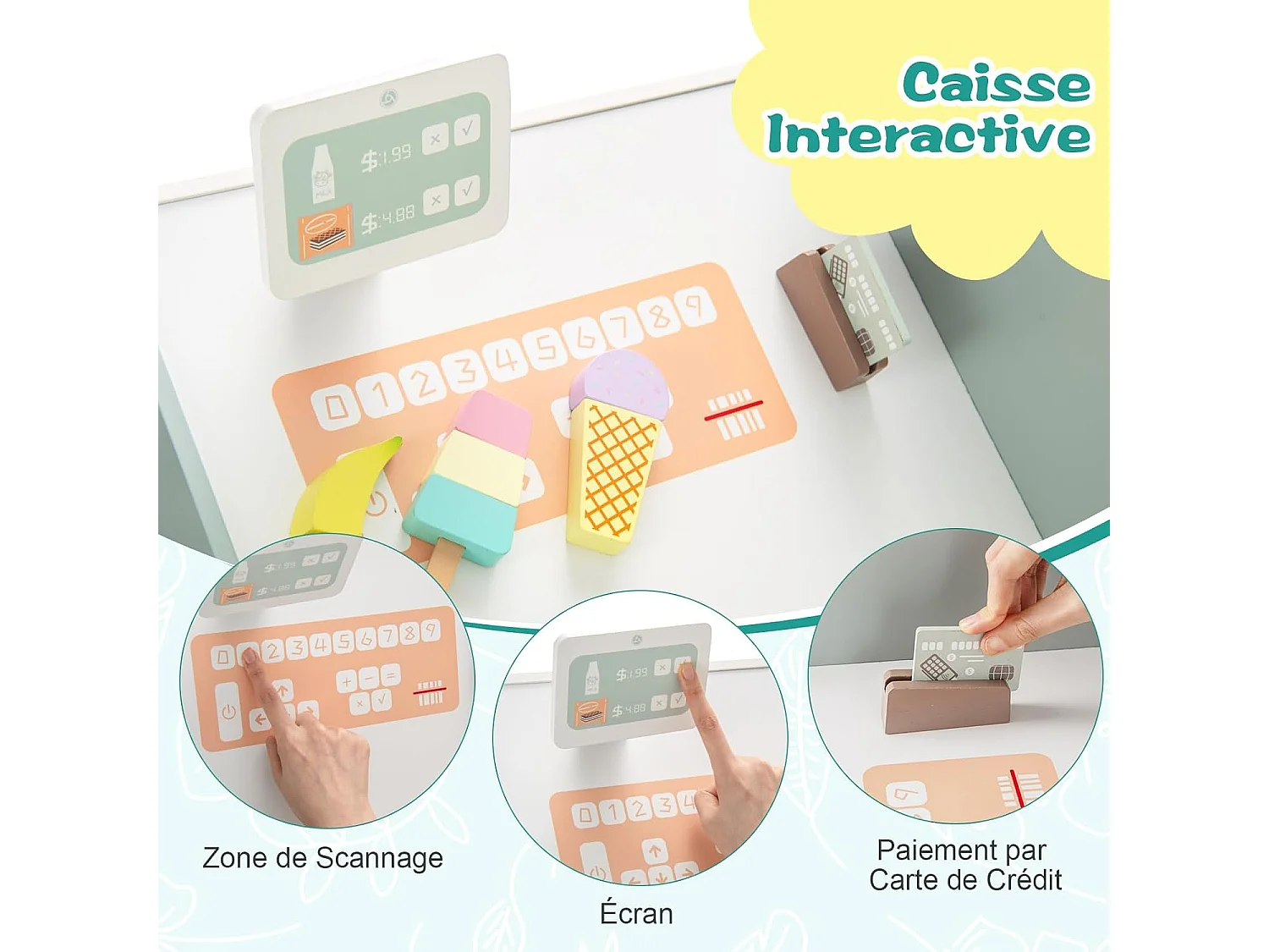 Marchande Enfants avec Distributeur & Comptoir de Caisse, Supermarché Enfant en Bois avec Cafetière & Four, Étagères de Présentation, Épicerie pour3 Ans+