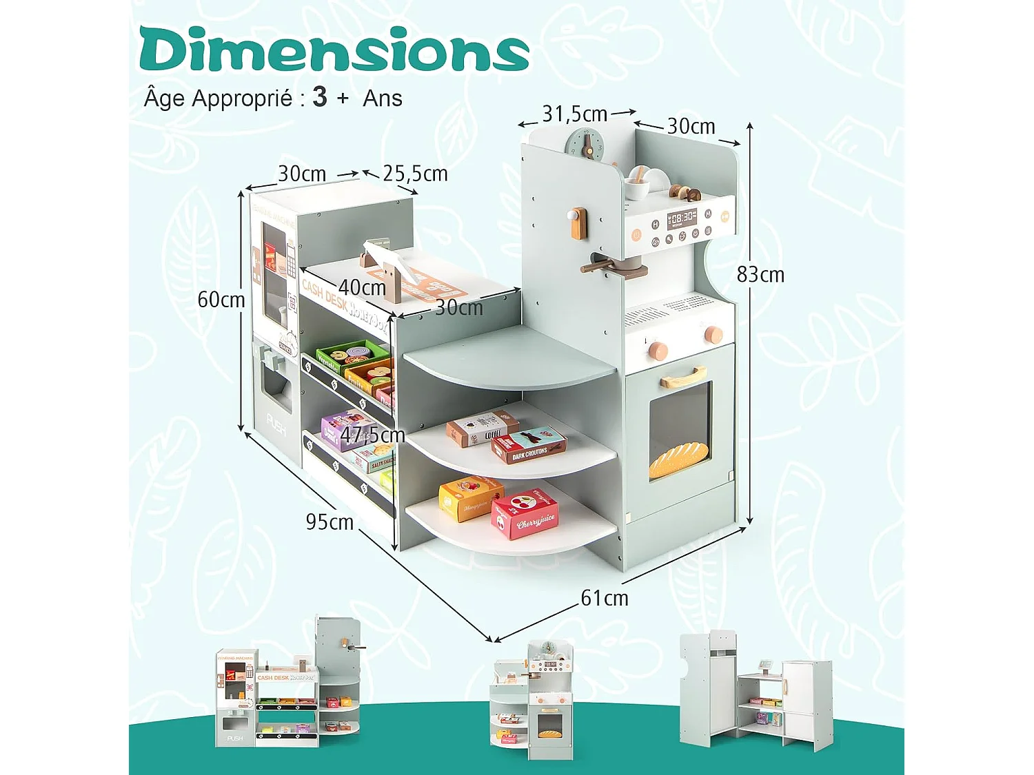Marchande Enfants avec Distributeur & Comptoir de Caisse, Supermarché Enfant en Bois avec Cafetière & Four, Étagères de Présentation, Épicerie pour3 Ans+