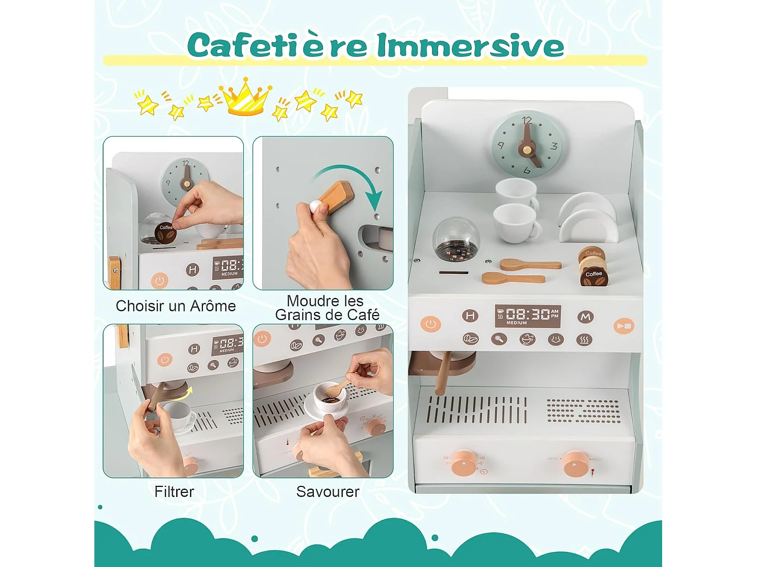 Marchande Enfants avec Distributeur & Comptoir de Caisse, Supermarché Enfant en Bois avec Cafetière & Four, Étagères de Présentation, Épicerie pour3 Ans+