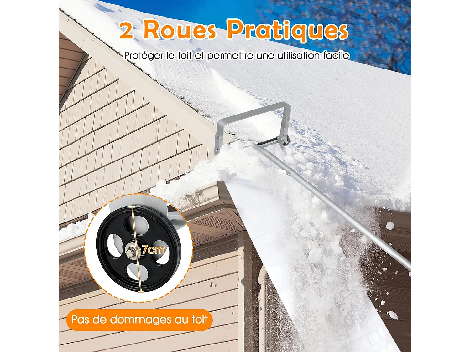 Râteau à Neige pour Toit en Aluminium, Déneigement de Toit Réglable avec 4 Tiges Longueur Max de 619 cm 2 Roues Lisses Tête Large Tissu PE