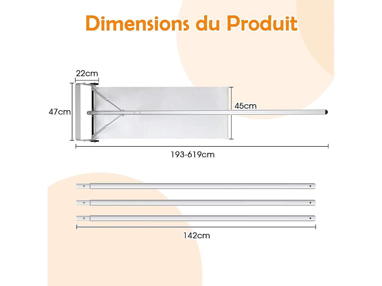Râteau à Neige pour Toit en Aluminium, Déneigement de Toit Réglable avec 4 Tiges Longueur Max de 619 cm 2 Roues Lisses Tête Large Tissu PE