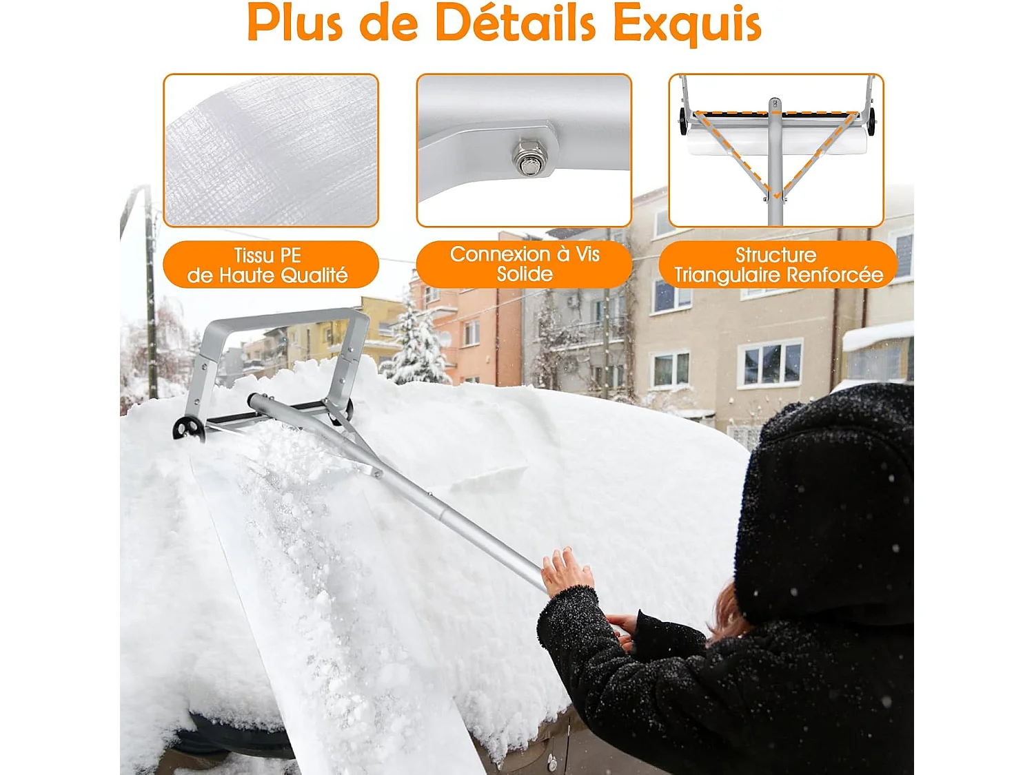 Râteau à Neige pour Toit en Aluminium, Déneigement de Toit Réglable avec 4 Tiges Longueur Max de 619 cm 2 Roues Lisses Tête Large Tissu PE