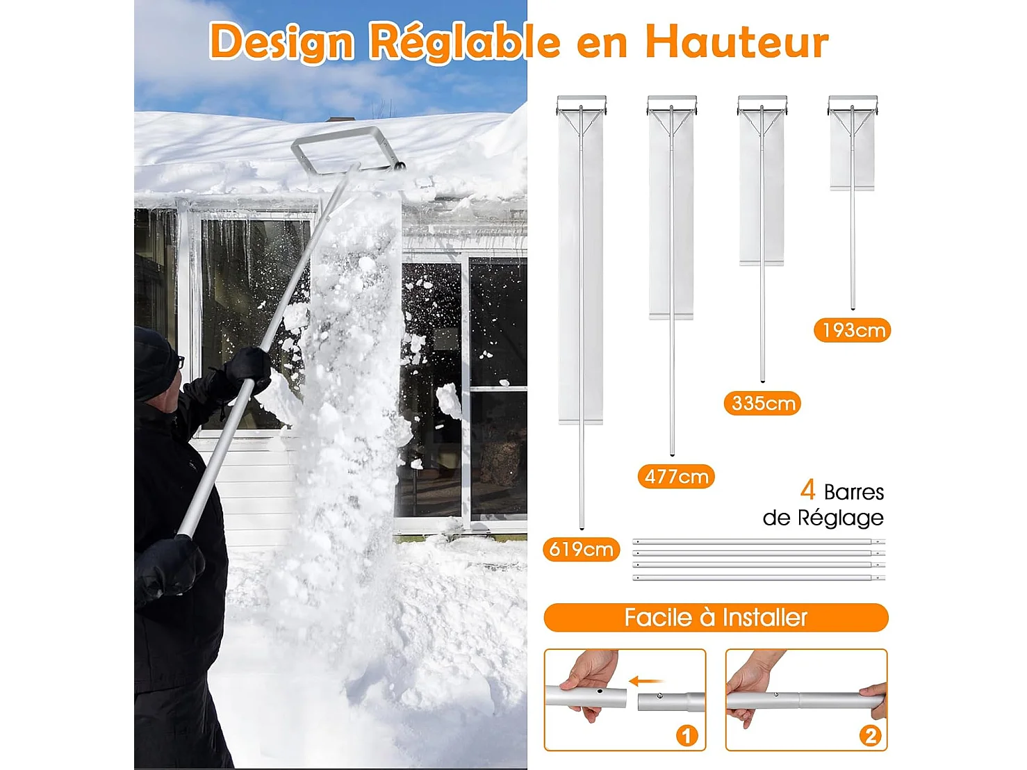 Râteau à Neige pour Toit en Aluminium, Déneigement de Toit Réglable avec 4 Tiges Longueur Max de 619 cm 2 Roues Lisses Tête Large Tissu PE
