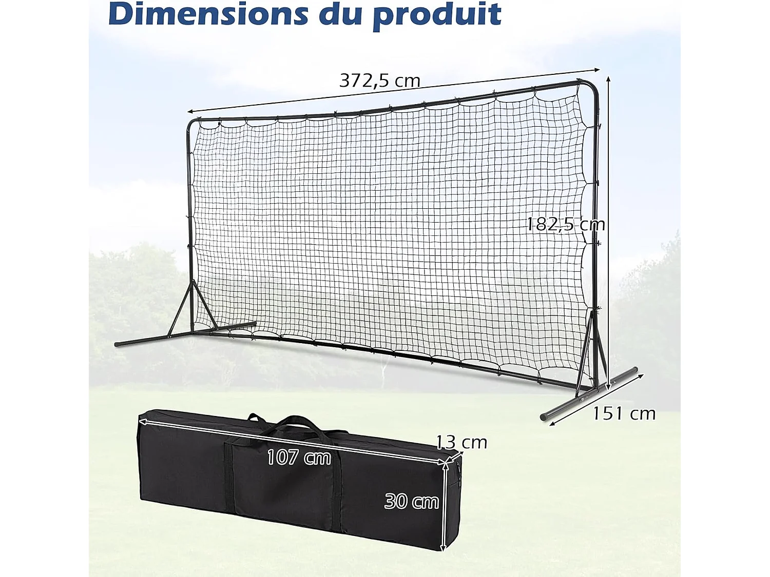 Filet de Rebond de Football 372,5x182,5cm, Equipement de Football avec Filet Toutes Saisons Sac de Transport 6 Piquets de Sol Installation Facile (Noir)
