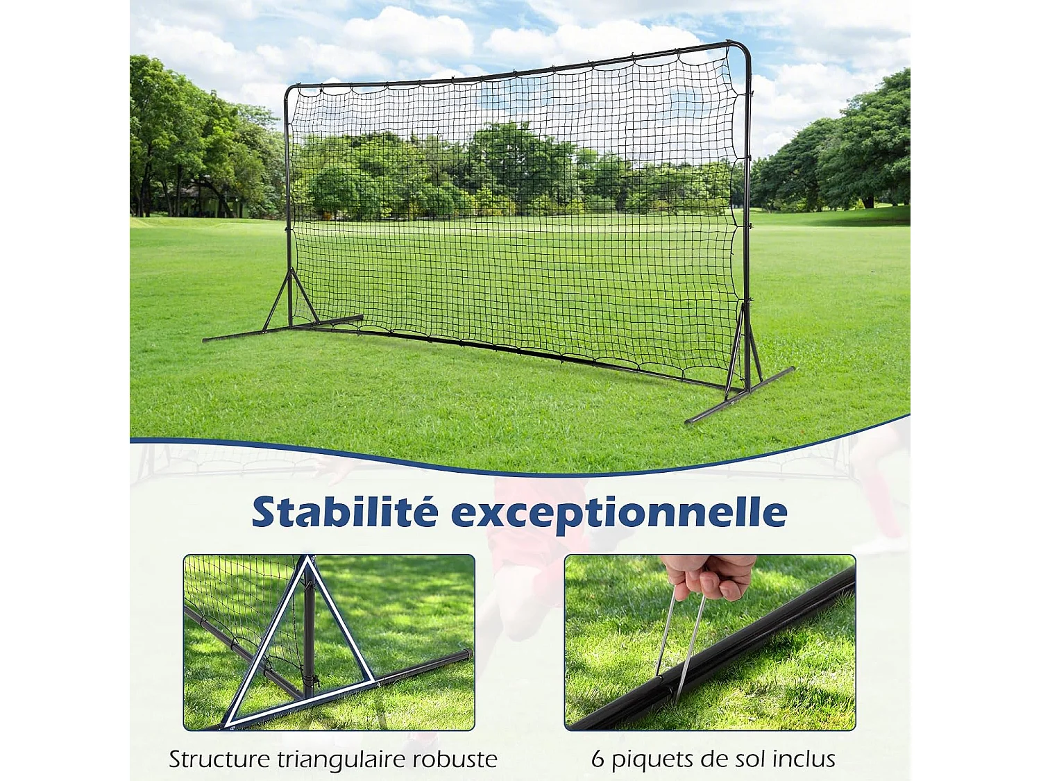 Filet de Rebond de Football 372,5x182,5cm, Equipement de Football avec Filet Toutes Saisons Sac de Transport 6 Piquets de Sol Installation Facile (Noir)