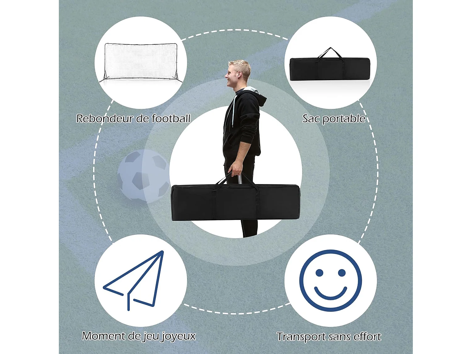 Filet de Rebond de Football 372,5x182,5cm, Equipement de Football avec Filet Toutes Saisons Sac de Transport 6 Piquets de Sol Installation Facile (Noir)