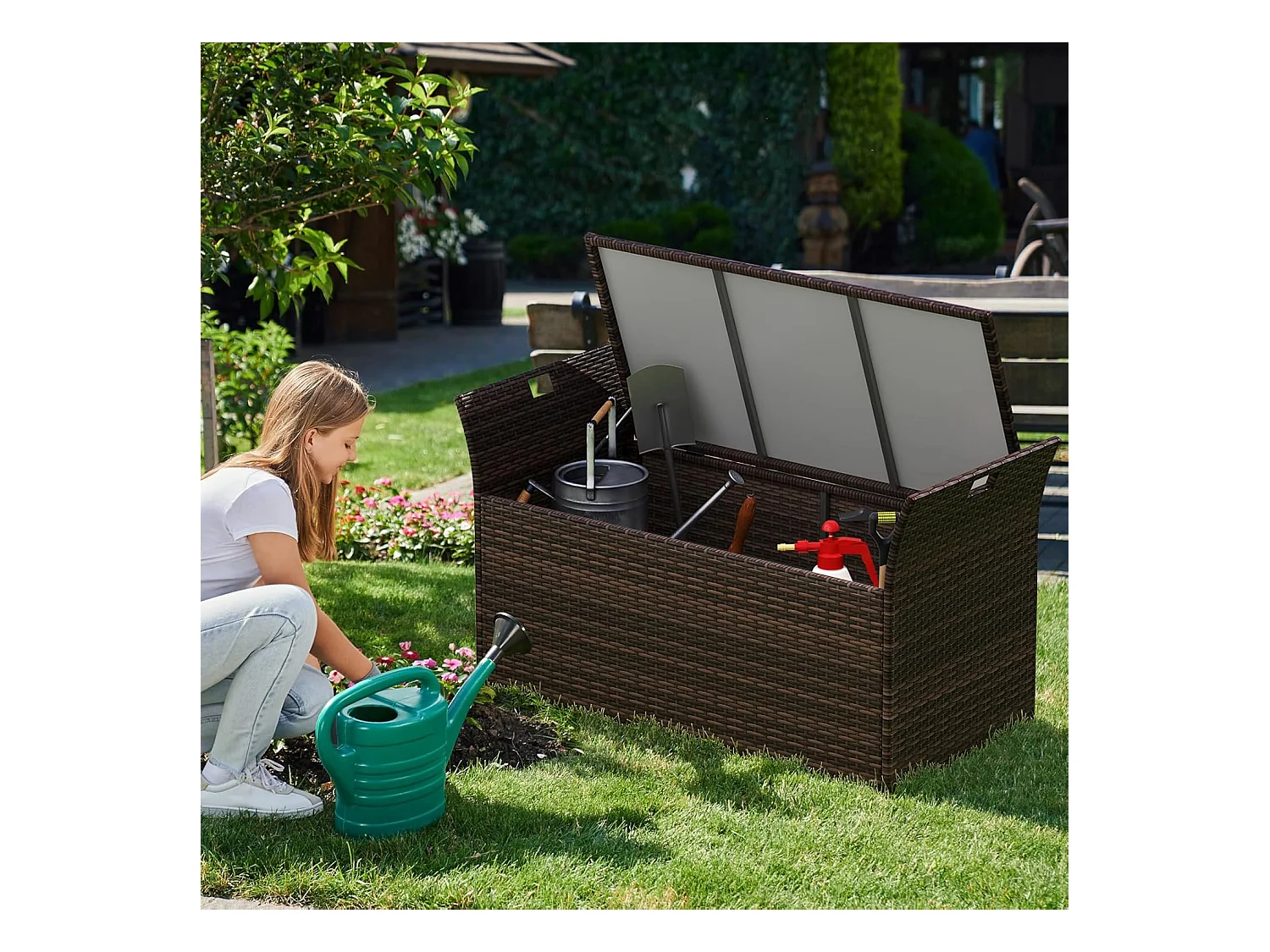 Tuinbank met opbergruimte, polyrotan zitbank met kussens en zijgrepen, opbergbox, tuinkist, tuinbox, 2-zits balkonbank voor tuin, balkon, terras