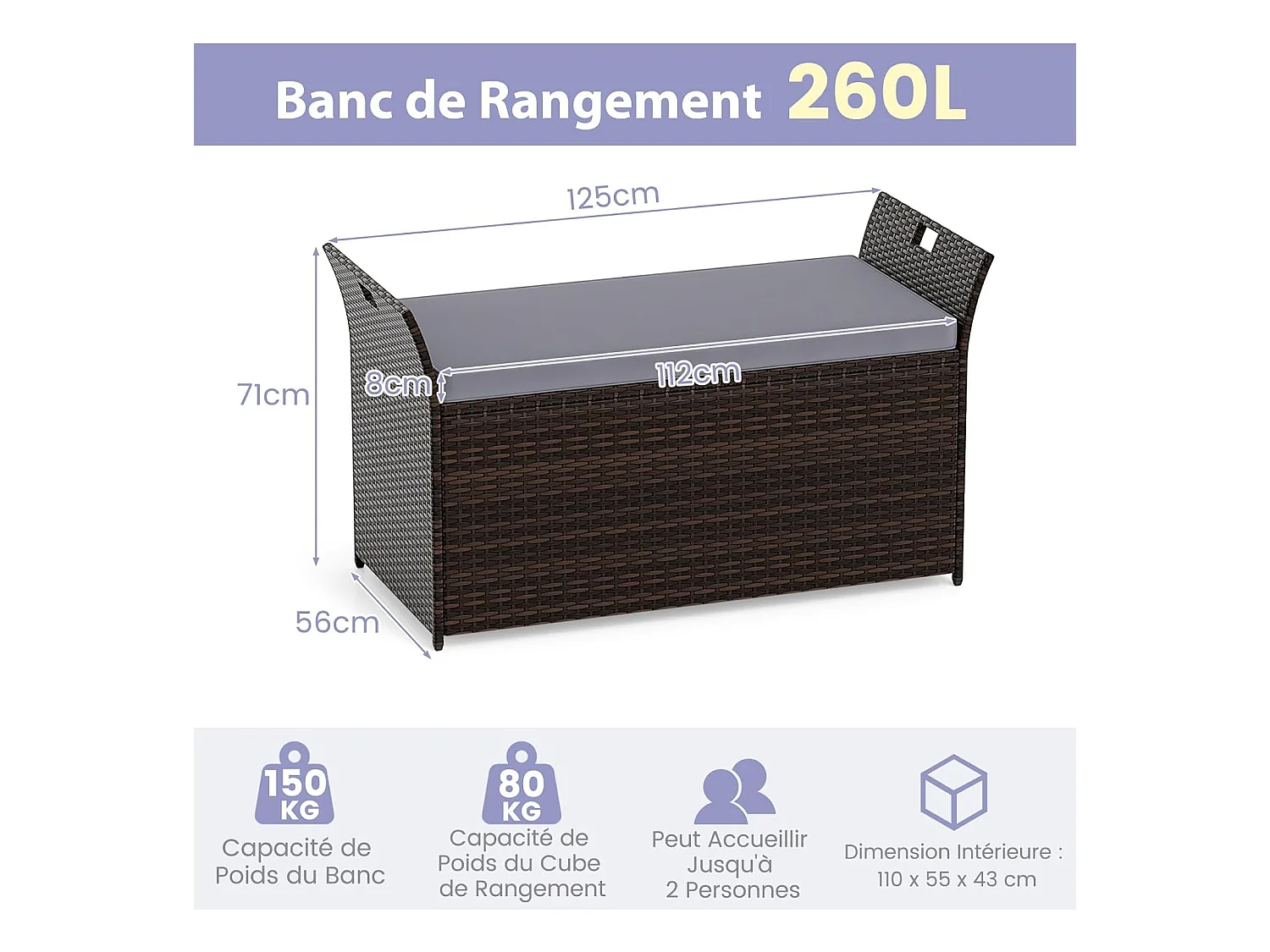 Tuinbank met opbergruimte, polyrotan zitbank met kussens en zijgrepen, opbergbox, tuinkist, tuinbox, 2-zits balkonbank voor tuin, balkon, terras