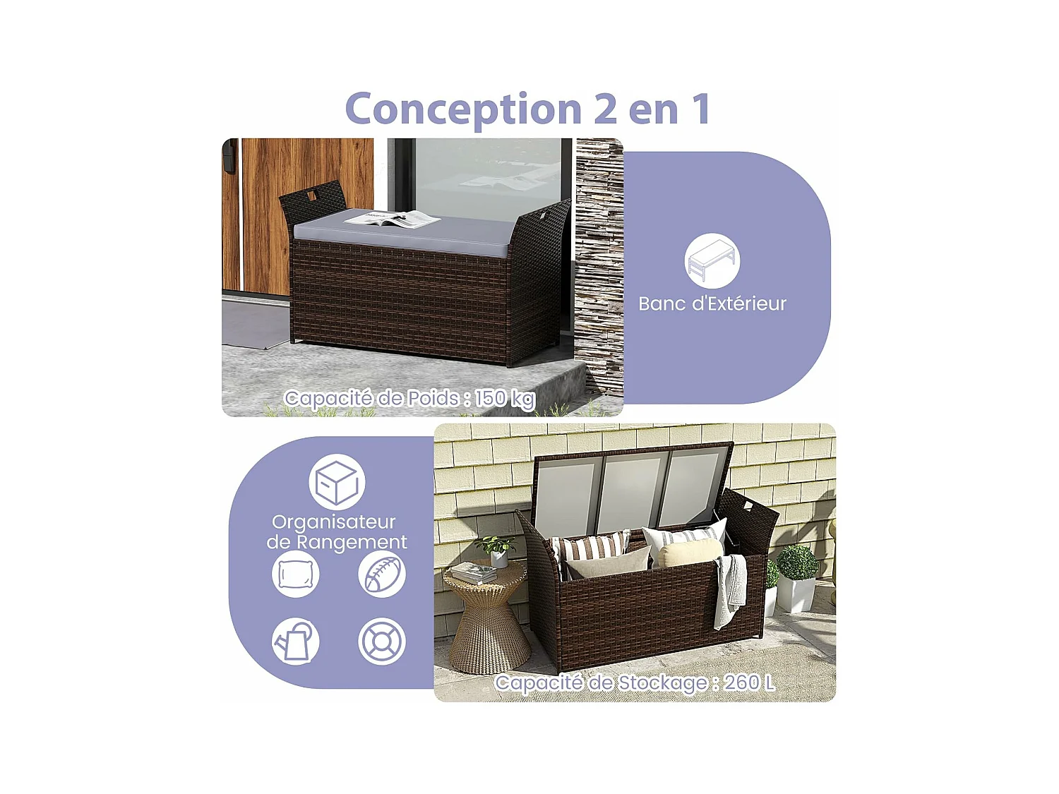 Tuinbank met opbergruimte, polyrotan zitbank met kussens en zijgrepen, opbergbox, tuinkist, tuinbox, 2-zits balkonbank voor tuin, balkon, terras