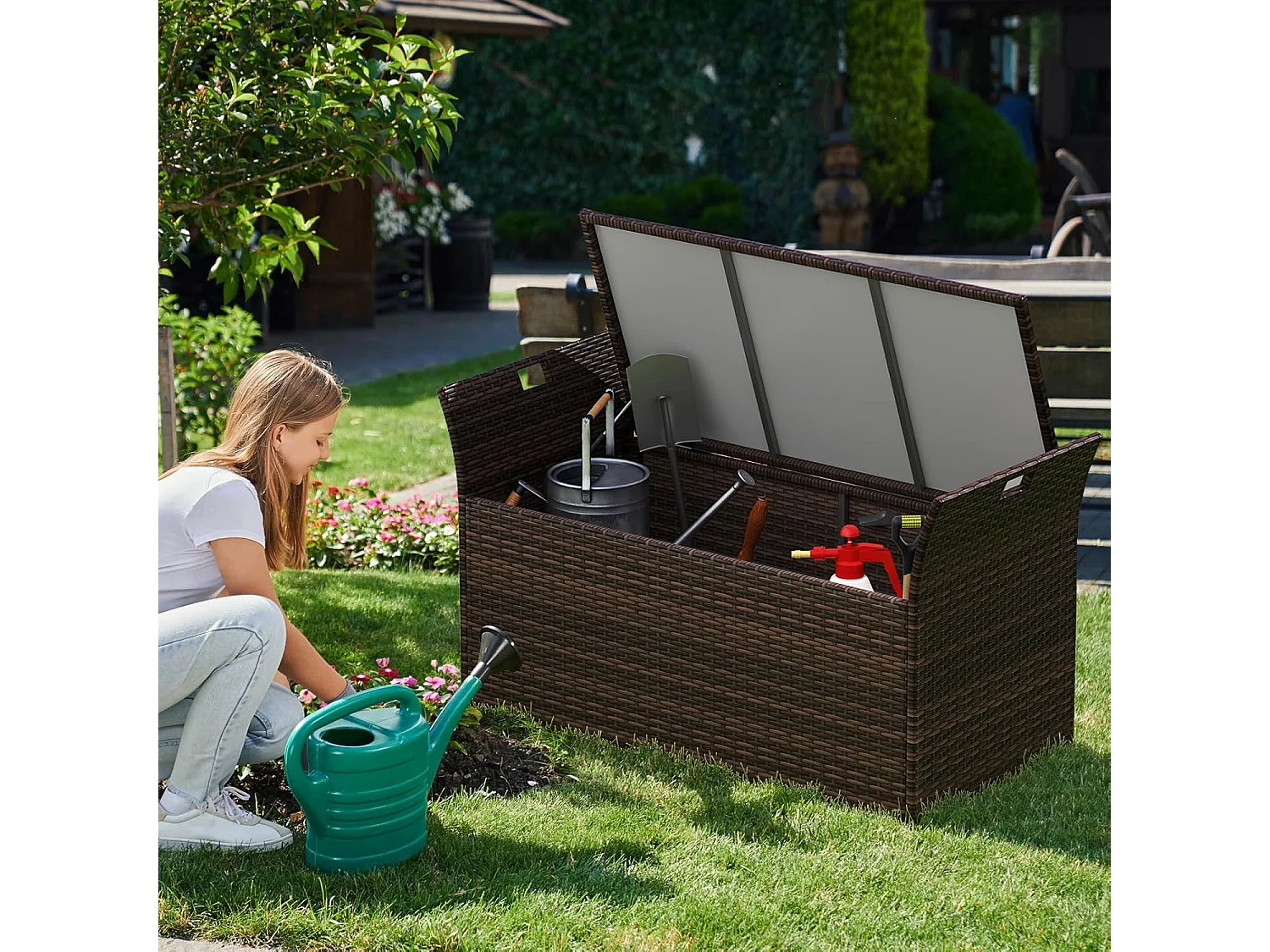 Coffre de Rangement en Rotin PE 260L, Boîte de Rangement Intérieur/Extérieur avec Coussin Couvercle Accueillir Jusqu'à 2 Personnes, 125 x 56 x 71 cm