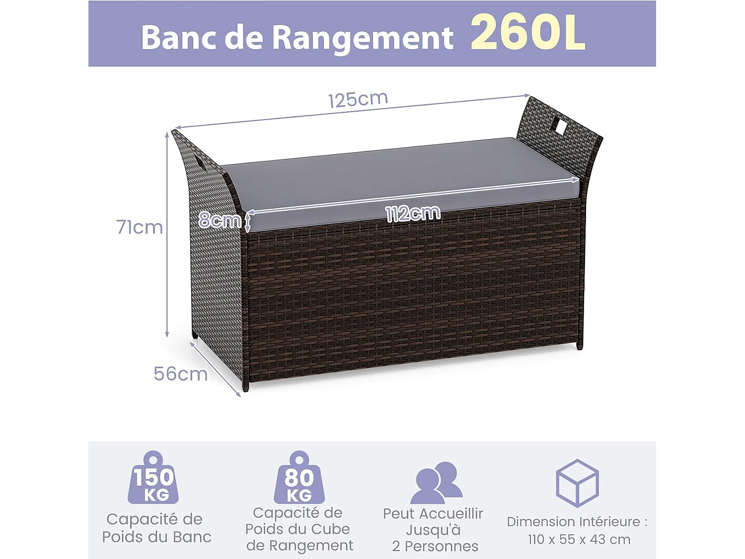 Coffre de Rangement en Rotin PE 260L, Boîte de Rangement Intérieur/Extérieur avec Coussin Couvercle Accueillir Jusqu'à 2 Personnes, 125 x 56 x 71 cm