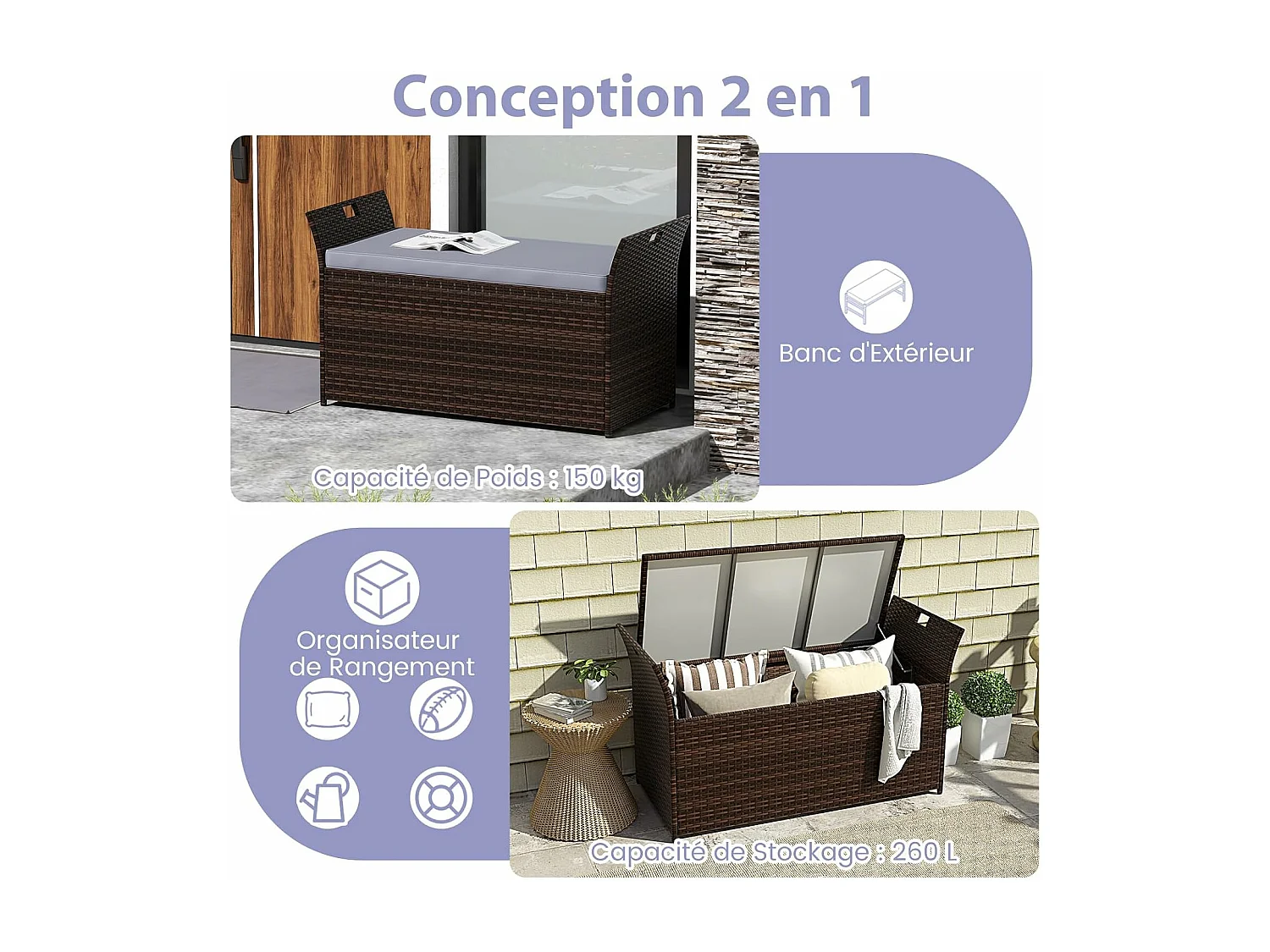 Coffre de Rangement en Rotin PE 260L, Boîte de Rangement Intérieur/Extérieur avec Coussin Couvercle Accueillir Jusqu'à 2 Personnes, 125 x 56 x 71 cm