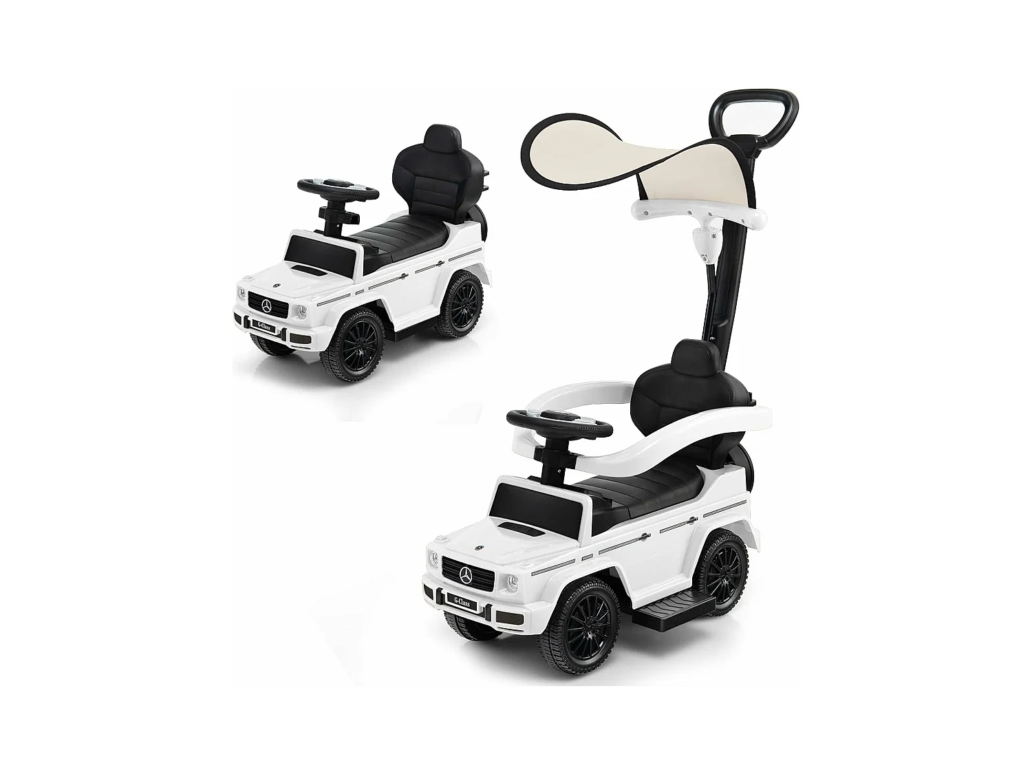 3 en 1 Mercedes-Benz Porteur Enfant avec Poignée Détachable & Auvent Amovible, Voiture à Pousser Bébé avec Volant & Klaxon, Charge 25kg pour 1-3 Ans (Blanc)