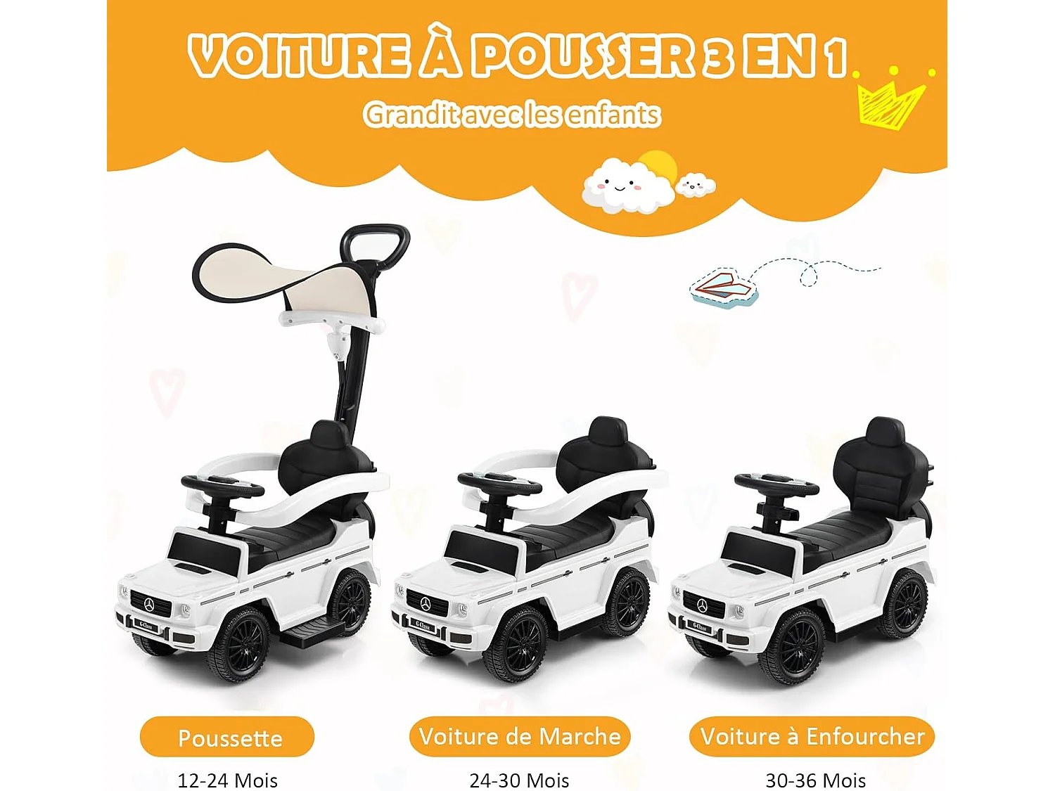 3 en 1 Mercedes-Benz Porteur Enfant avec Poignée Détachable & Auvent Amovible, Voiture à Pousser Bébé avec Volant & Klaxon, Charge 25kg pour 1-3 Ans (Blanc)
