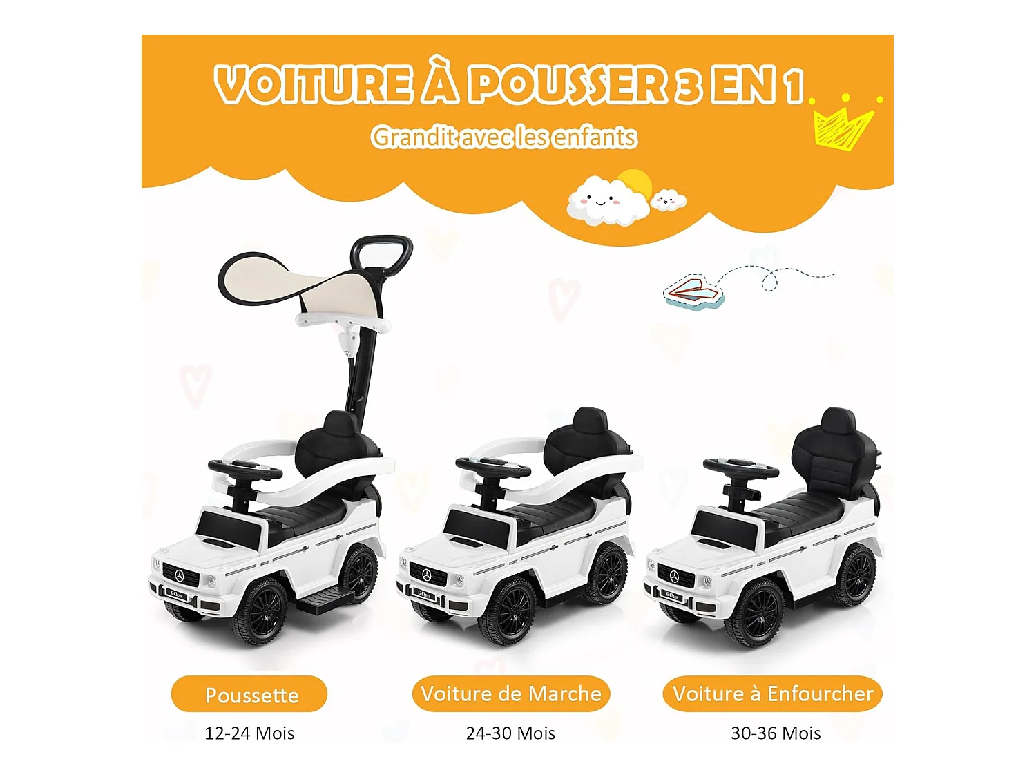 3 en 1 Mercedes-Benz Porteur Enfant avec Poignée Détachable & Auvent Amovible, Voiture à Pousser Bébé avec Volant & Klaxon, Charge 25kg pour 1-3 Ans (Blanc)