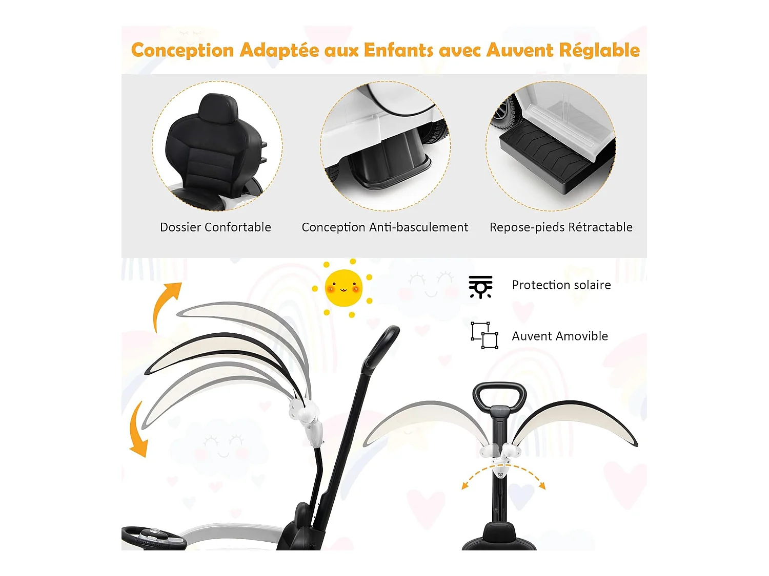 3 en 1 Mercedes-Benz Porteur Enfant avec Poignée Détachable & Auvent Amovible, Voiture à Pousser Bébé avec Volant & Klaxon, Charge 25kg pour 1-3 Ans (Blanc)