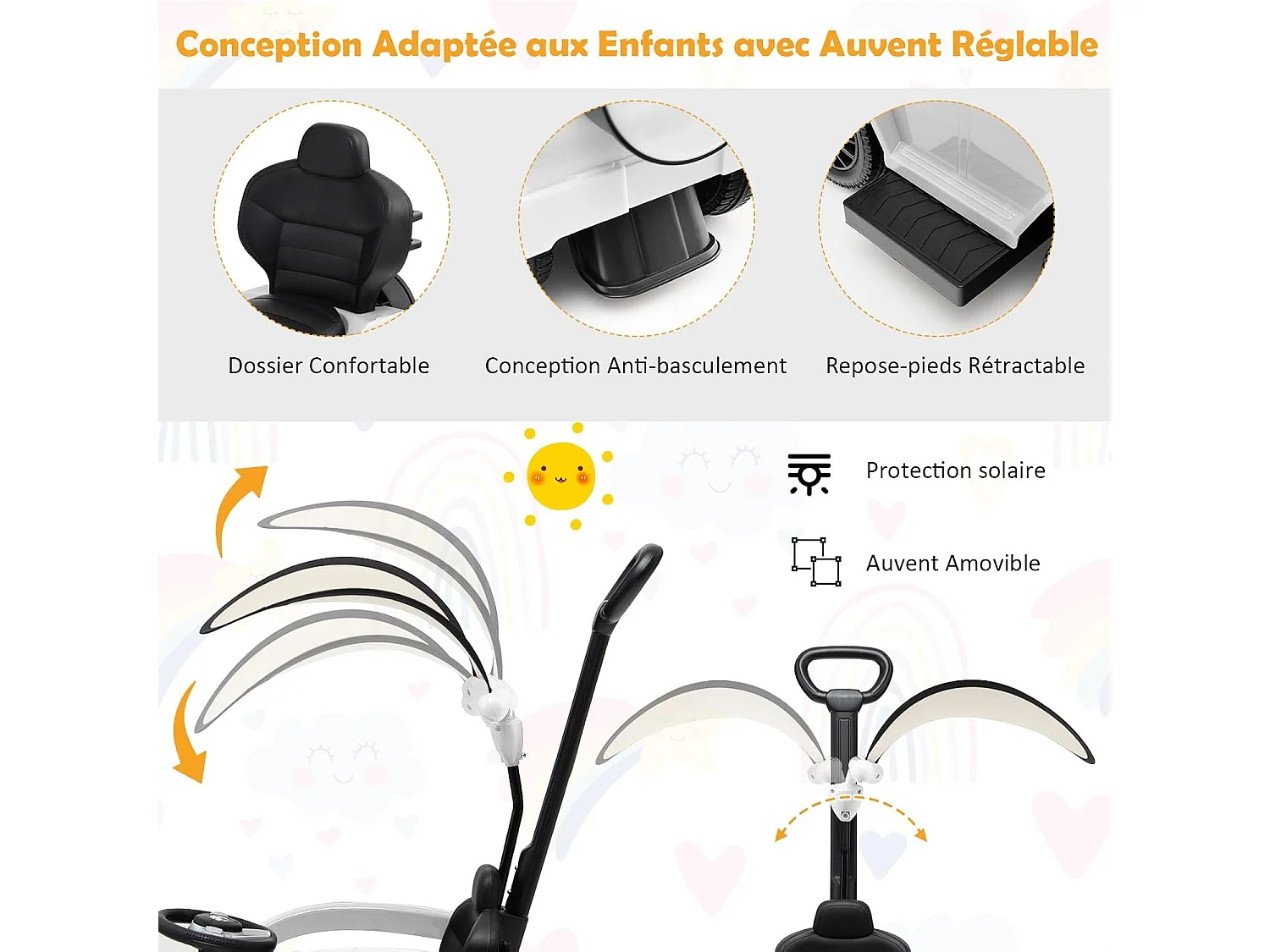 3 en 1 Mercedes-Benz Porteur Enfant avec Poignée Détachable & Auvent Amovible, Voiture à Pousser Bébé avec Volant & Klaxon, Charge 25kg pour 1-3 Ans (Blanc)