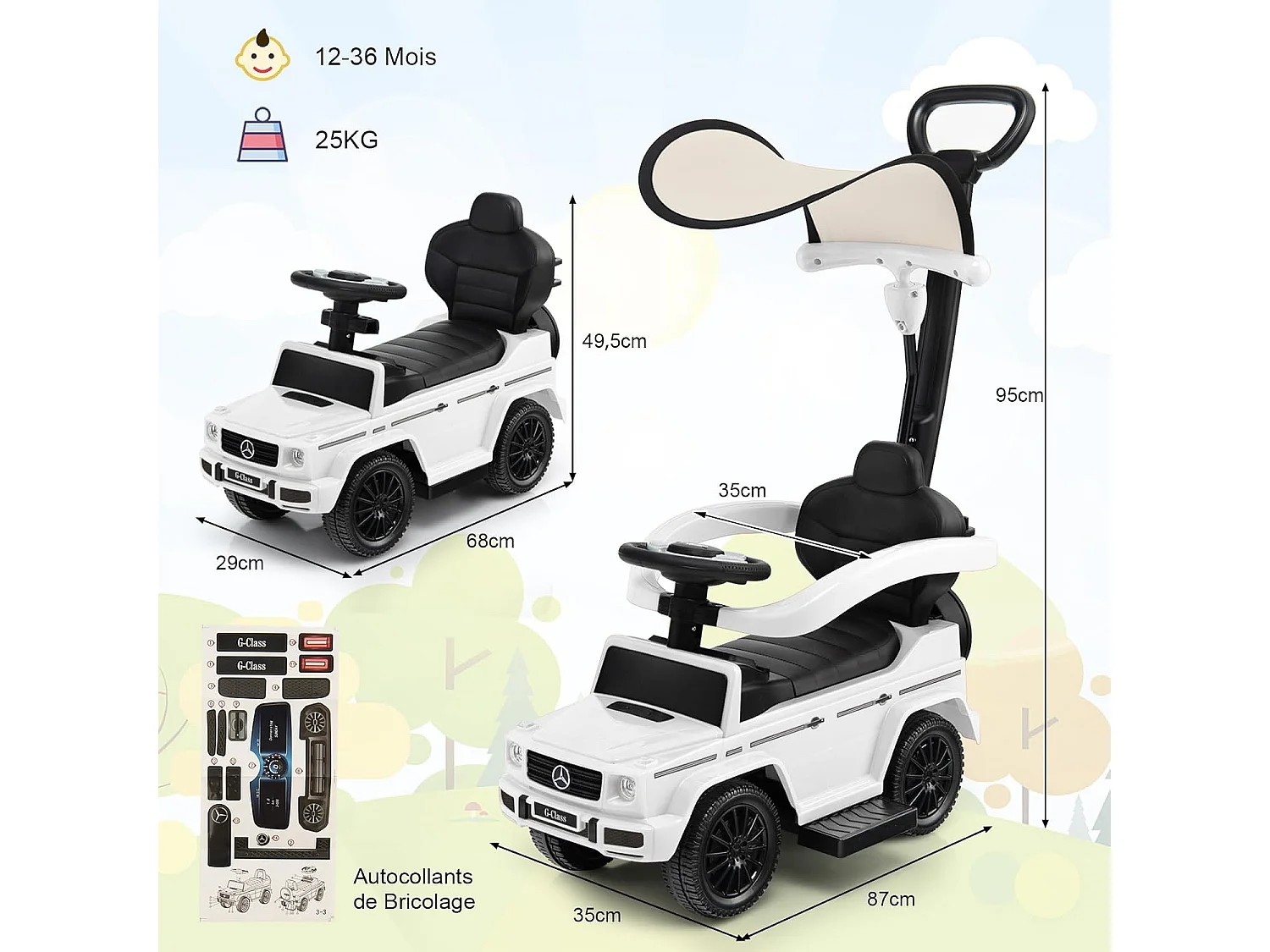 3 en 1 Mercedes-Benz Porteur Enfant avec Poignée Détachable & Auvent Amovible, Voiture à Pousser Bébé avec Volant & Klaxon, Charge 25kg pour 1-3 Ans (Blanc)